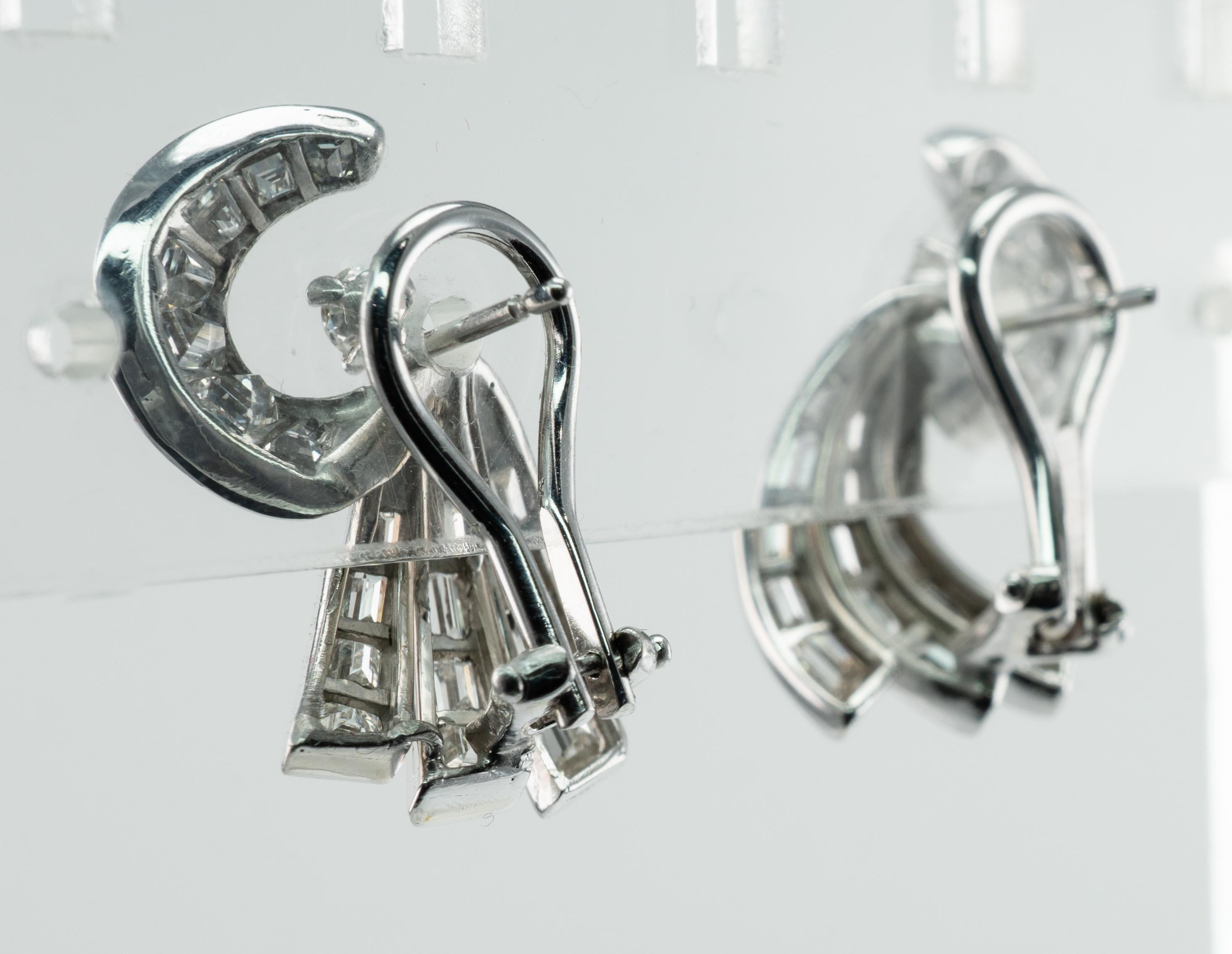 Natural Diamond Earrings 14K White Gold Omega Locks Art Deco For Sale 3