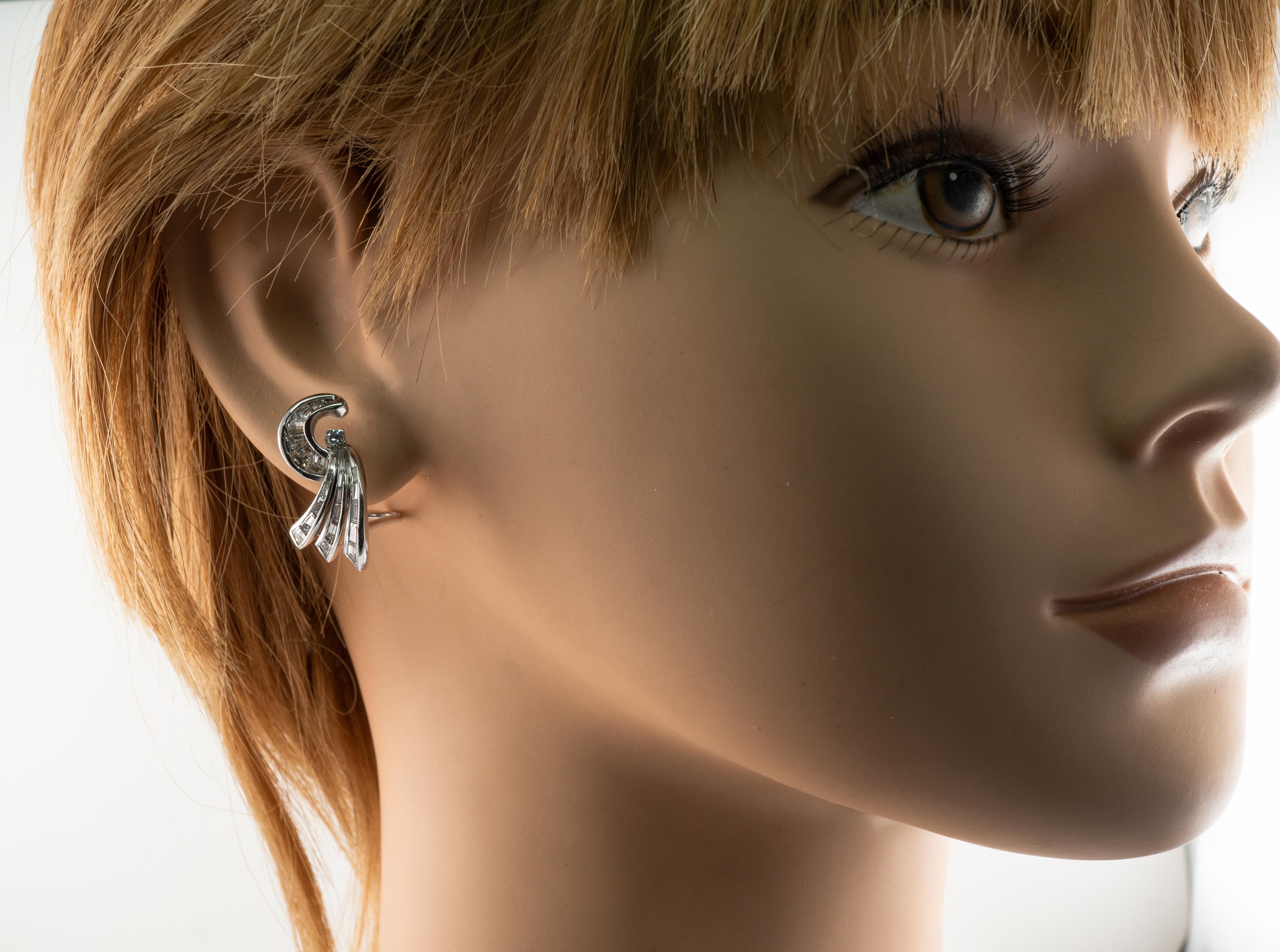 Natural Diamond Earrings 14K White Gold Omega Locks Art Deco For Sale 4