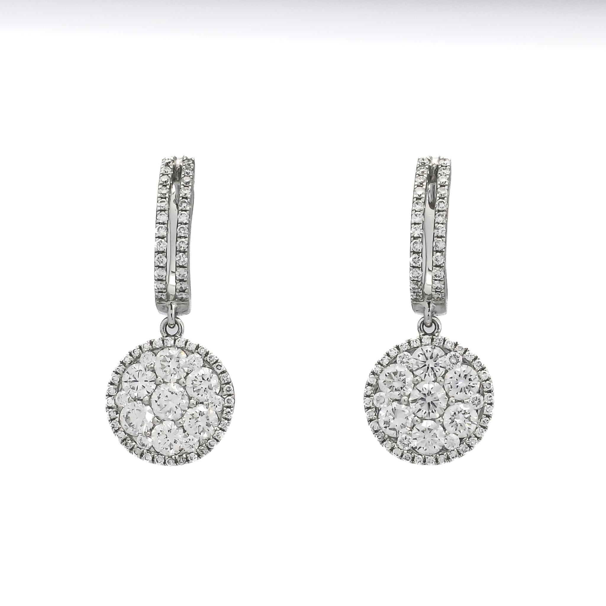 Round Cut Natural Diamond Earrings 2.40 cts 18 Karat White Gold Statement Drop Danglers  For Sale