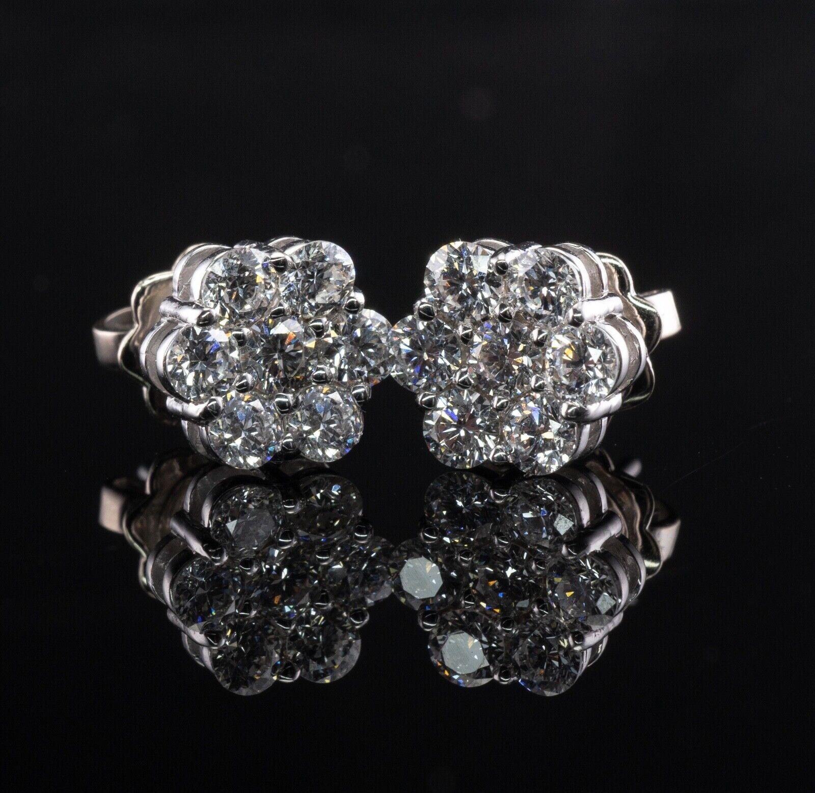 Round Cut Natural Diamond Earrings Studs 14K White Gold Cluster 1.12 TDW For Sale