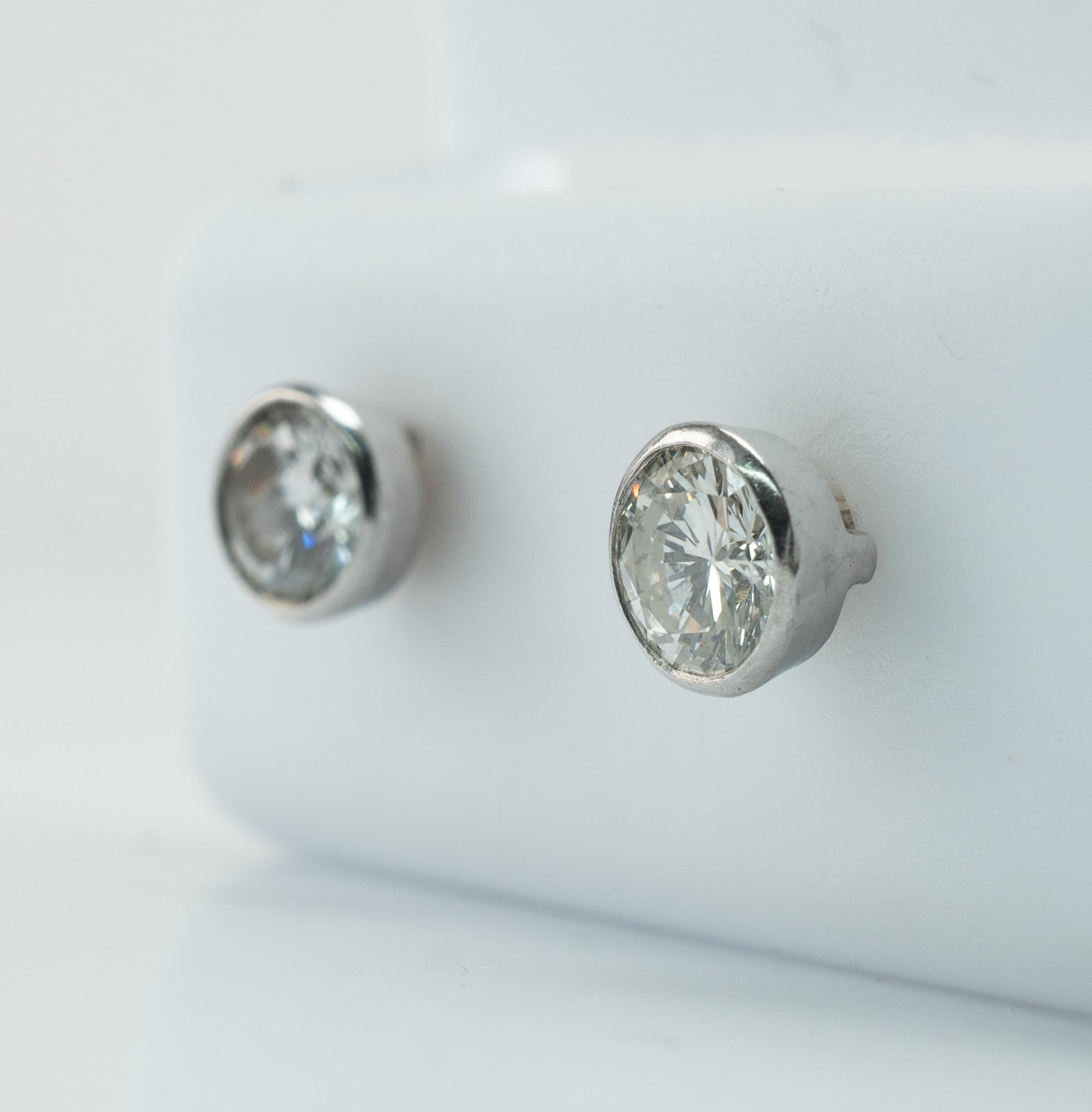 Natural Diamond Earrings Studs .60 CTW 14k White Gold Bezel For Sale 5