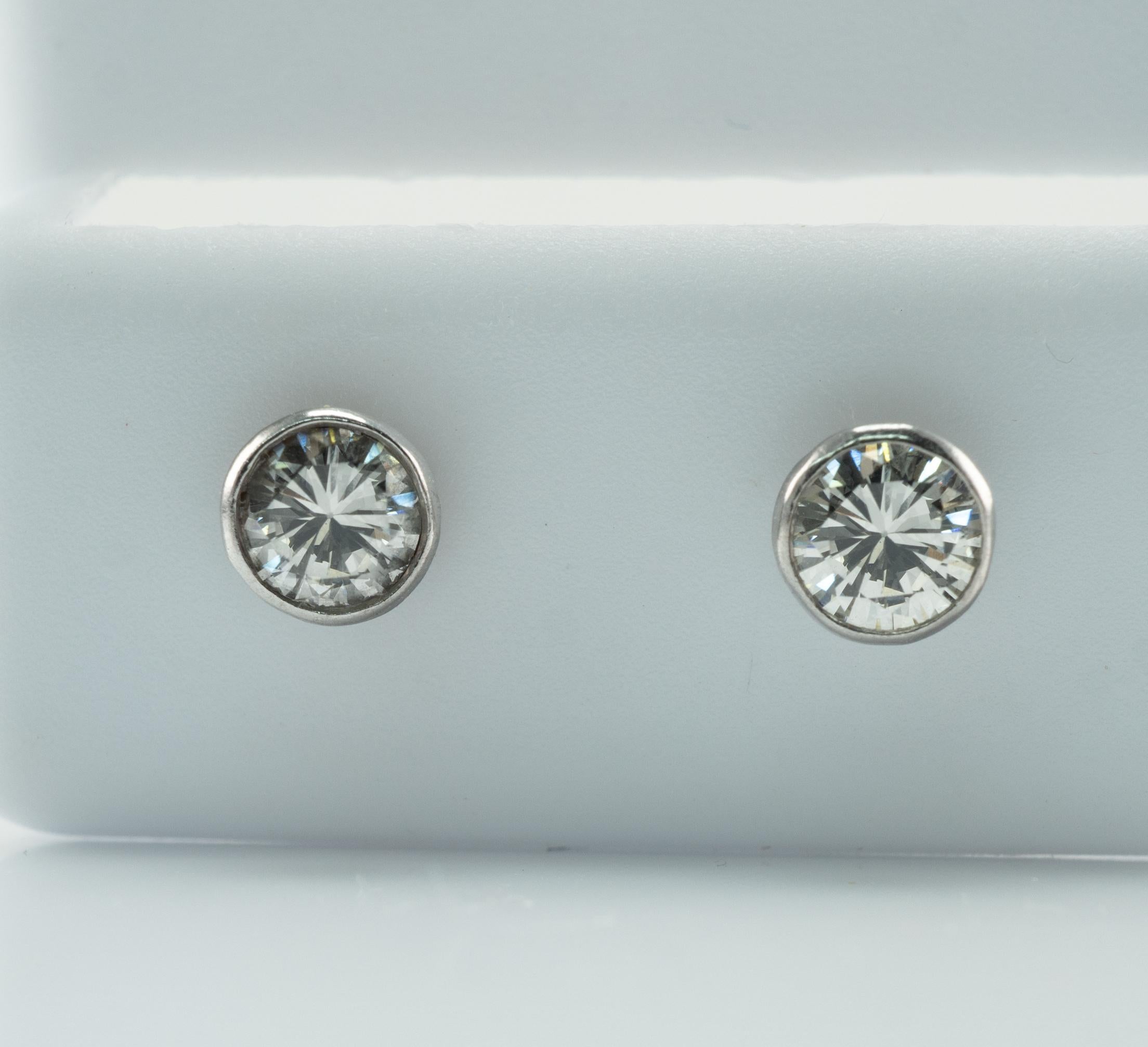 Round Cut Natural Diamond Earrings Studs .60 CTW 14k White Gold Bezel For Sale