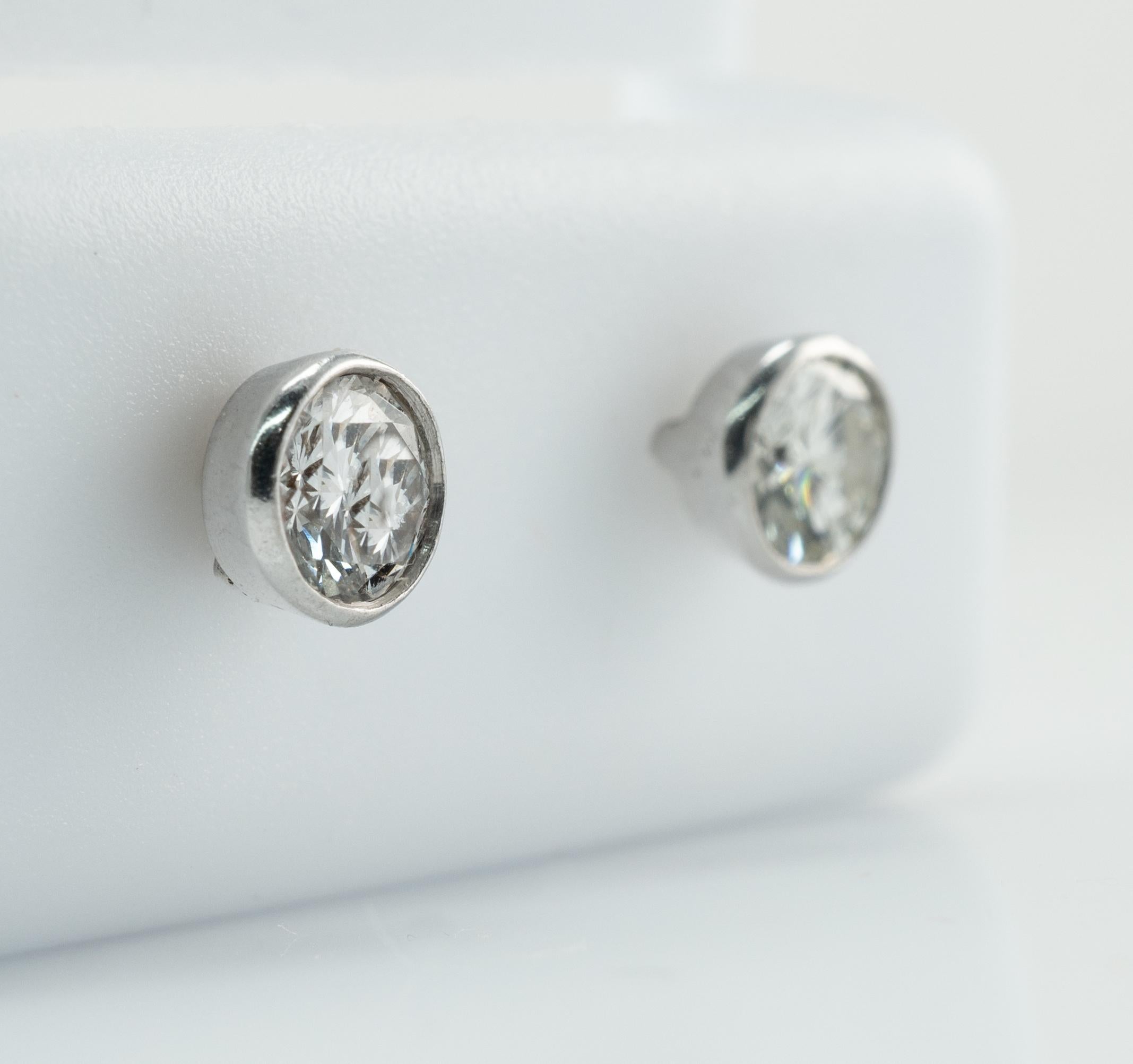 Natural Diamond Earrings Studs .60 CTW 14k White Gold Bezel For Sale 4