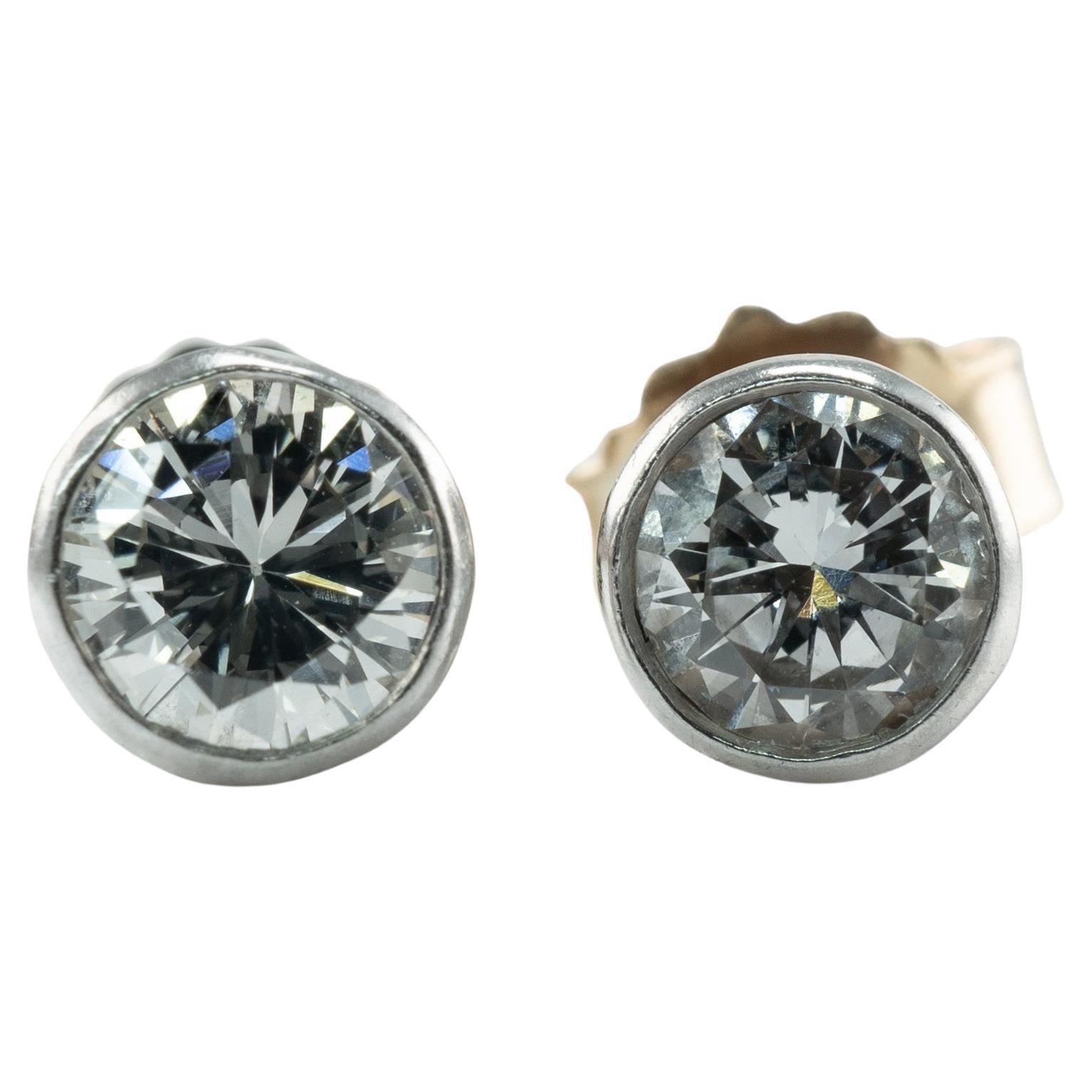 Natural Diamond Earrings Studs .60 CTW 14k White Gold Bezel For Sale