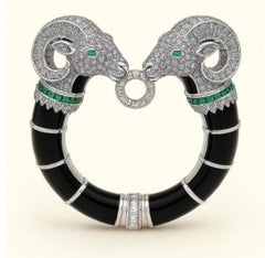 Natürlicher Diamant Smaragd Schwarz Emaille Ziegenköpfe Armreif 18k Weißgold