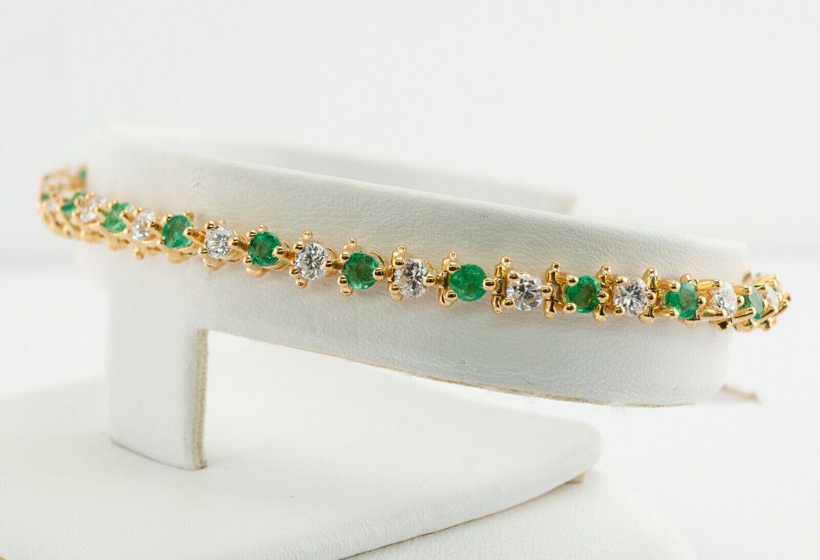 Round Cut Natural Diamond Emerald Bracelet 14K Gold Link Tennis For Sale