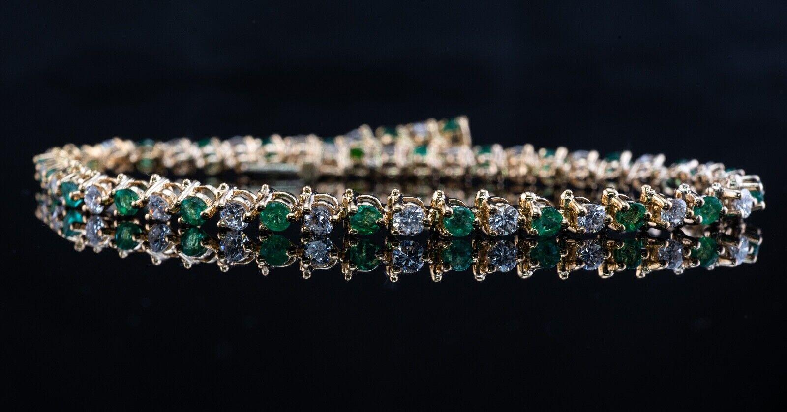Natural Diamond Emerald Bracelet 14K Gold Link Tennis In Good Condition For Sale In East Brunswick, NJ
