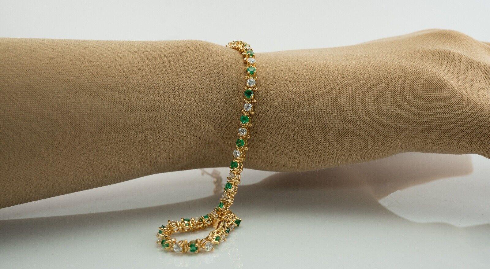 Women's Natural Diamond Emerald Bracelet 14K Gold Link Tennis For Sale