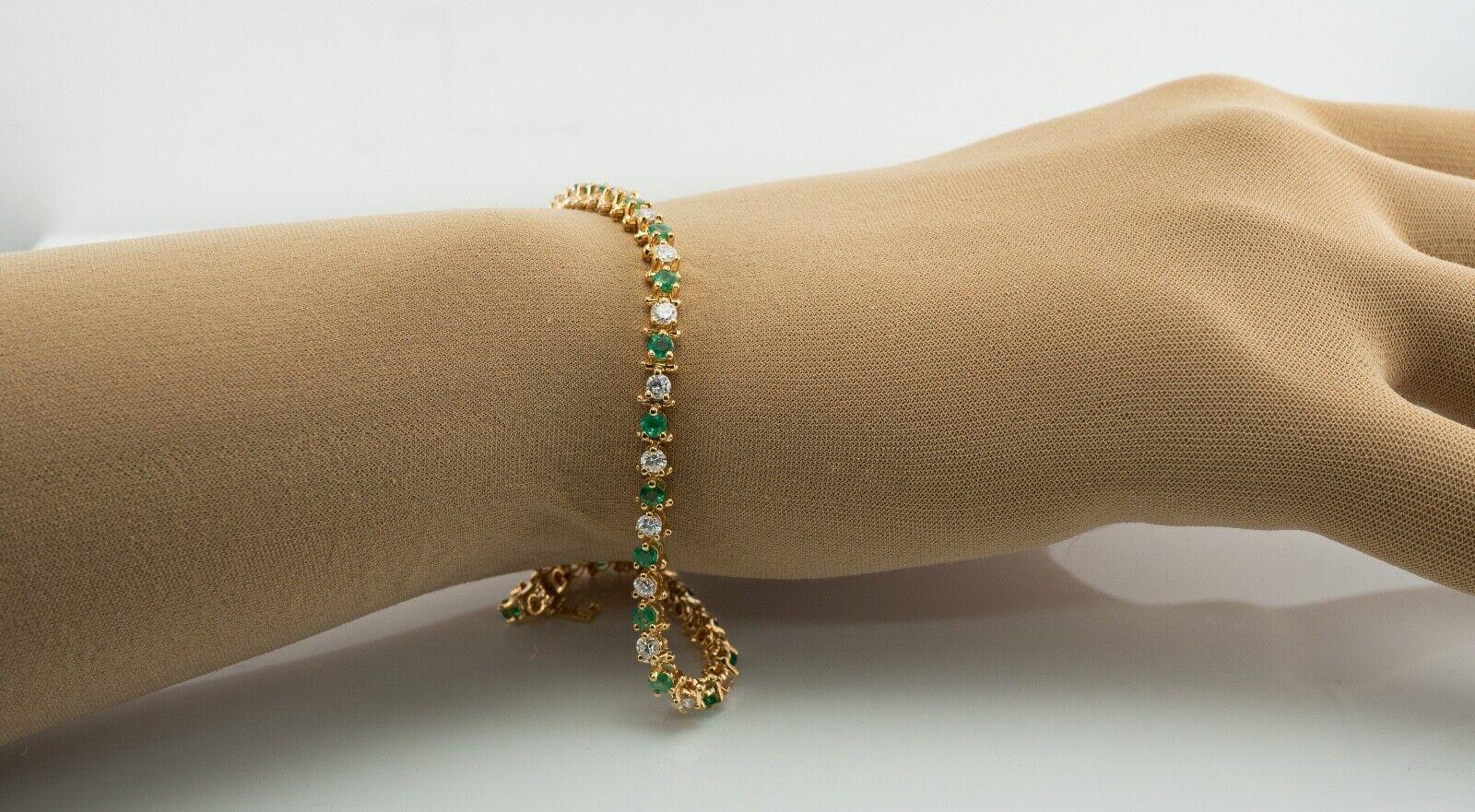 Natural Diamond Emerald Bracelet 14K Gold Link Tennis For Sale 3