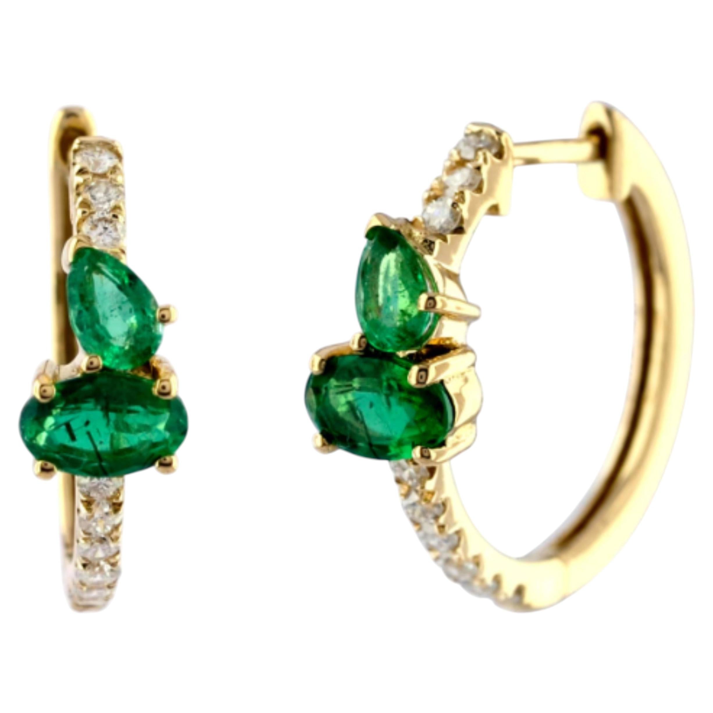 Emerald and Diamond Dangle Earrings in 14K Gold, India, New Design
