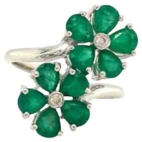 For Sale:  Natural Diamond Emerald Flower By Pass Ring in 925 Silver Luxury Jewelry Gift