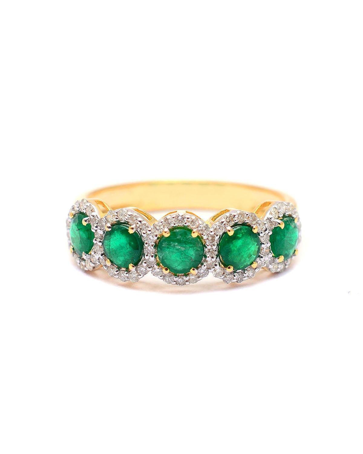 Contemporary Natural Diamond & Emerald Gold Ring in 14k For Sale