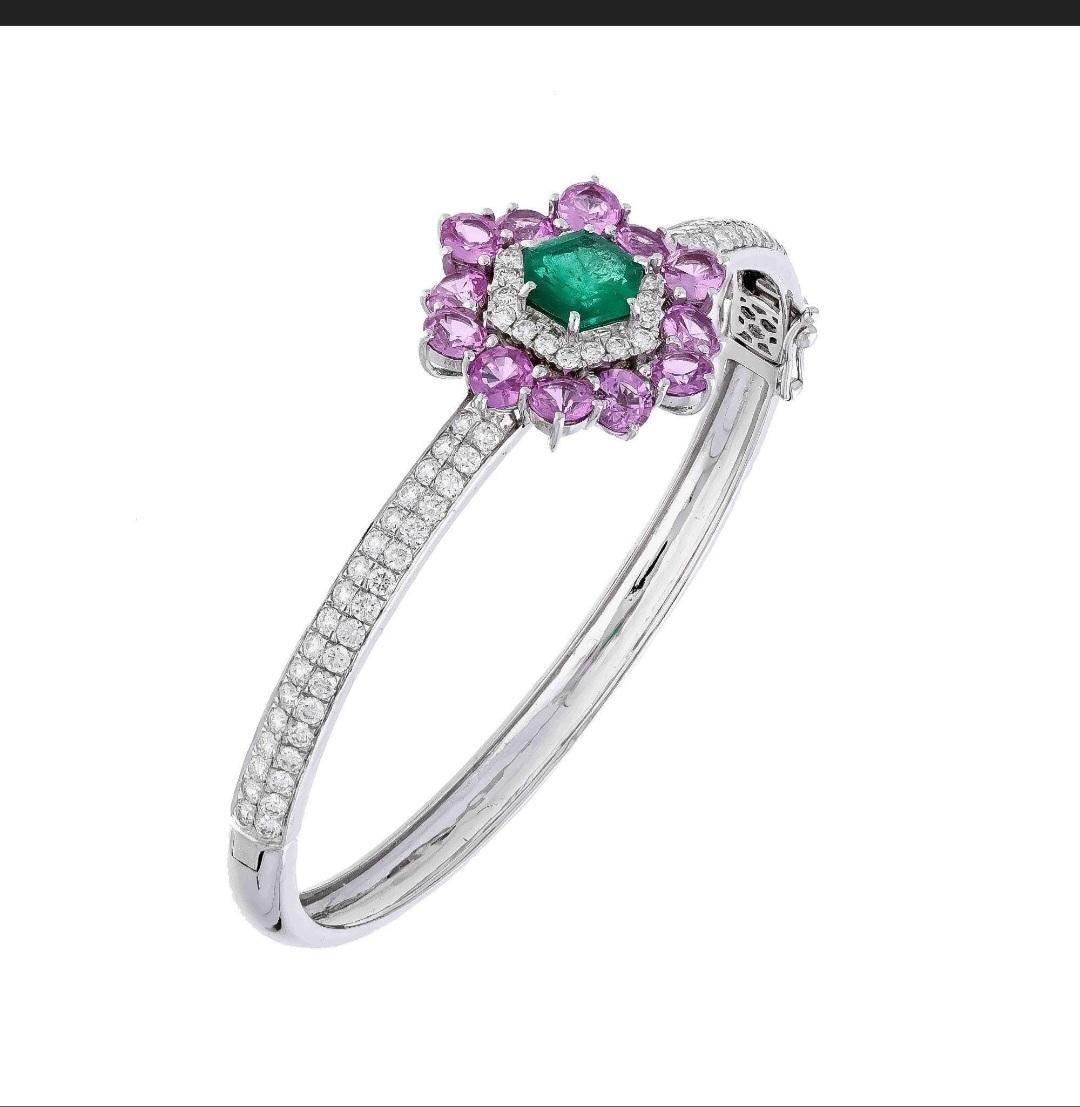 Emerald Cut Natural diamond emerald pink sapphire bracelet in 18k gold