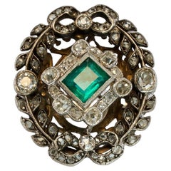 Natural Diamond Emerald Ring 14K White Gold Antique Cocktail Victorian