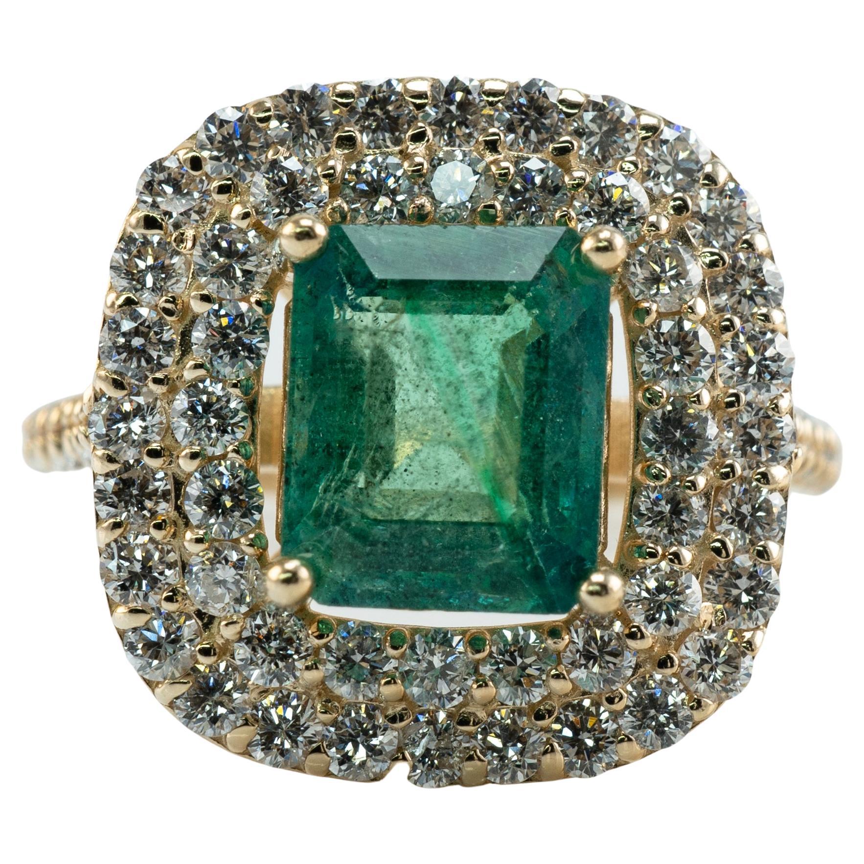 Natural Diamond Emerald Ring 18k Gold Rectangle Cut For Sale