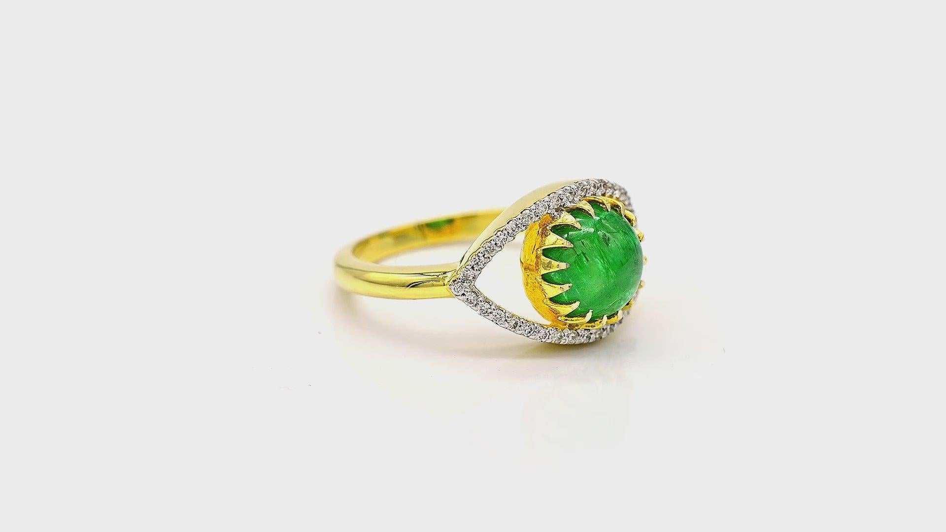 This ring is made of 14K yellow gold and set with an emerald gemstone in the shape of an evil eye. The ring is pave set with diamonds for a dazzling look.

Specifications

Dimensions: Length: 1.1 cm, Width: 1.8 cm
Gross Weight: 4.430 gms
Gold