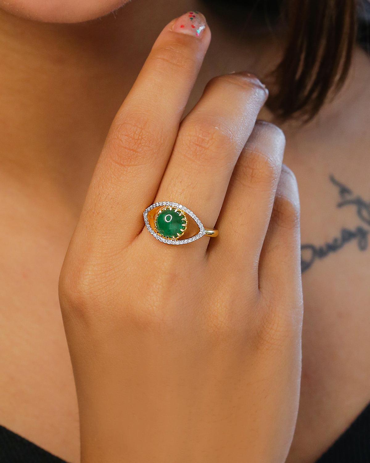 Women's Natural Diamond & Emerald Ring in 14K For Sale