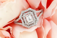 Natural Diamond Emerald & Round Cut 1.20 CT Halo Engagement Ring 18K White Gold