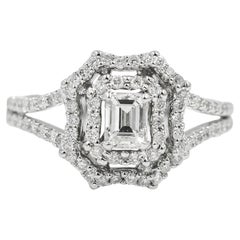 Natural Diamond Emerald & Round Cut 1.20 CT Halo Engagement Ring 18K White Gold