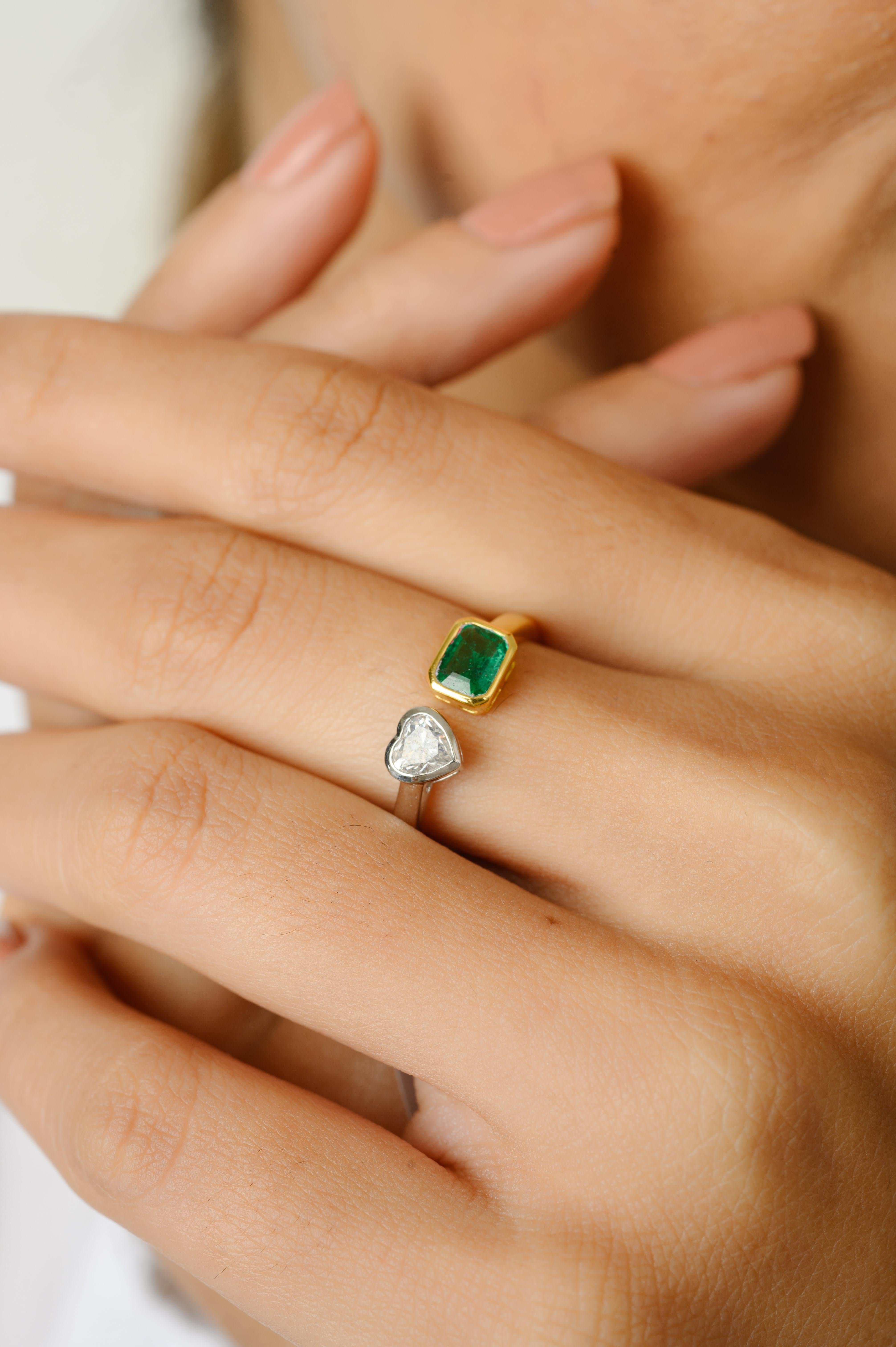 For Sale:  Diamond Heart and Emerald Toi et Moi Ring in 18k Solid Two Toned Solid Gold 2