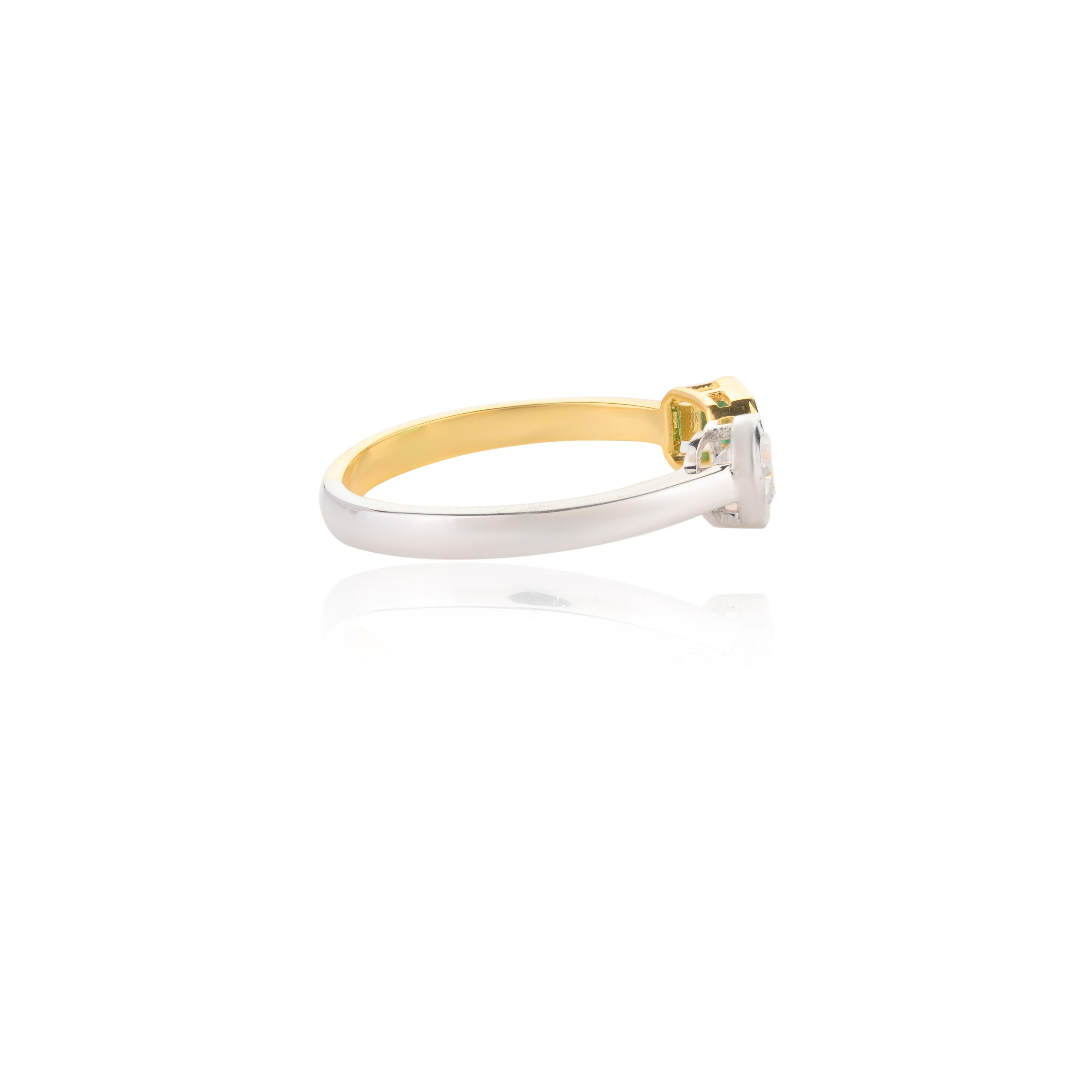 En vente :  Bague Toi et Moi en or massif bicolore 18k, diamant en cœur et émeraude 5