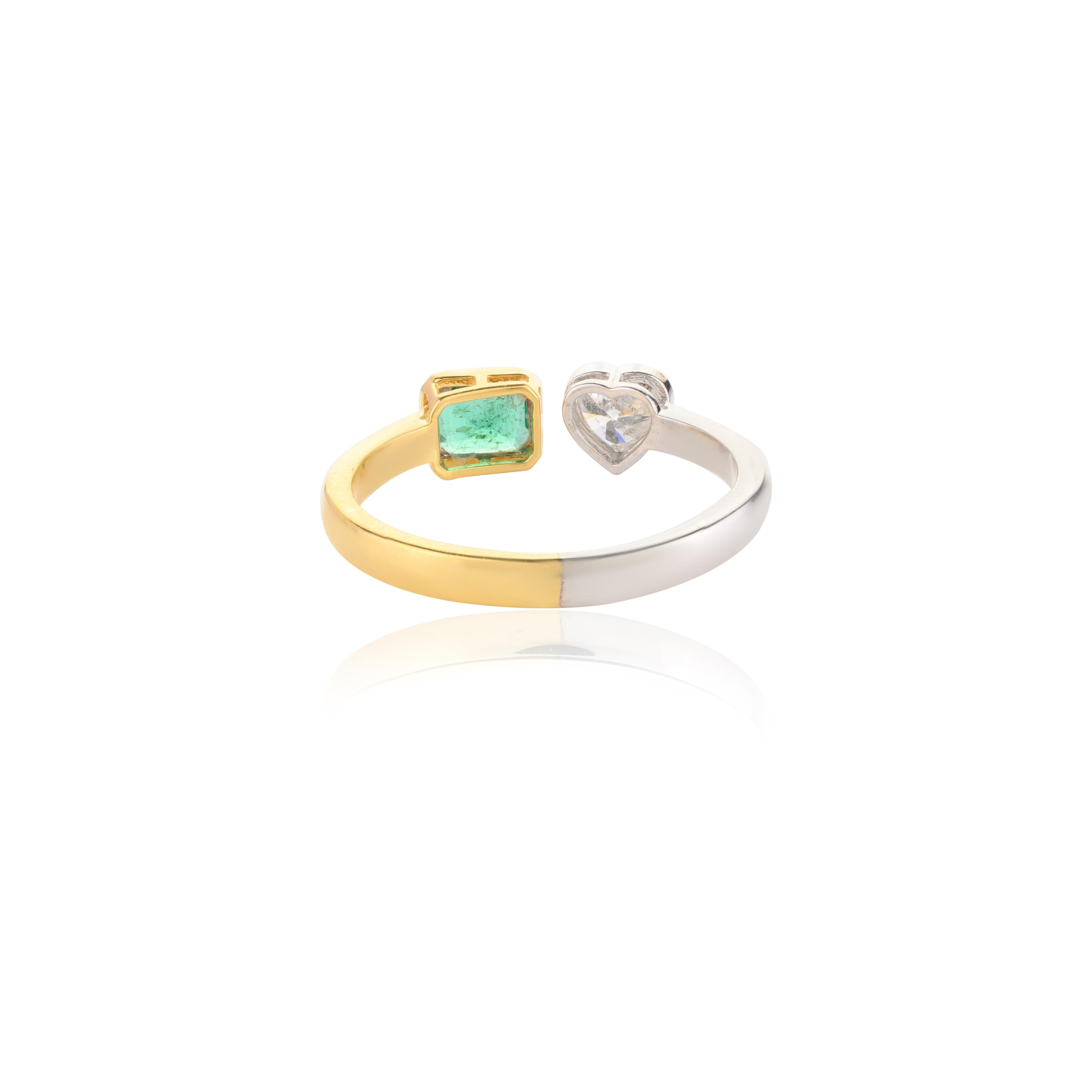 En vente :  Bague Toi et Moi en or massif bicolore 18k, diamant en cœur et émeraude 7
