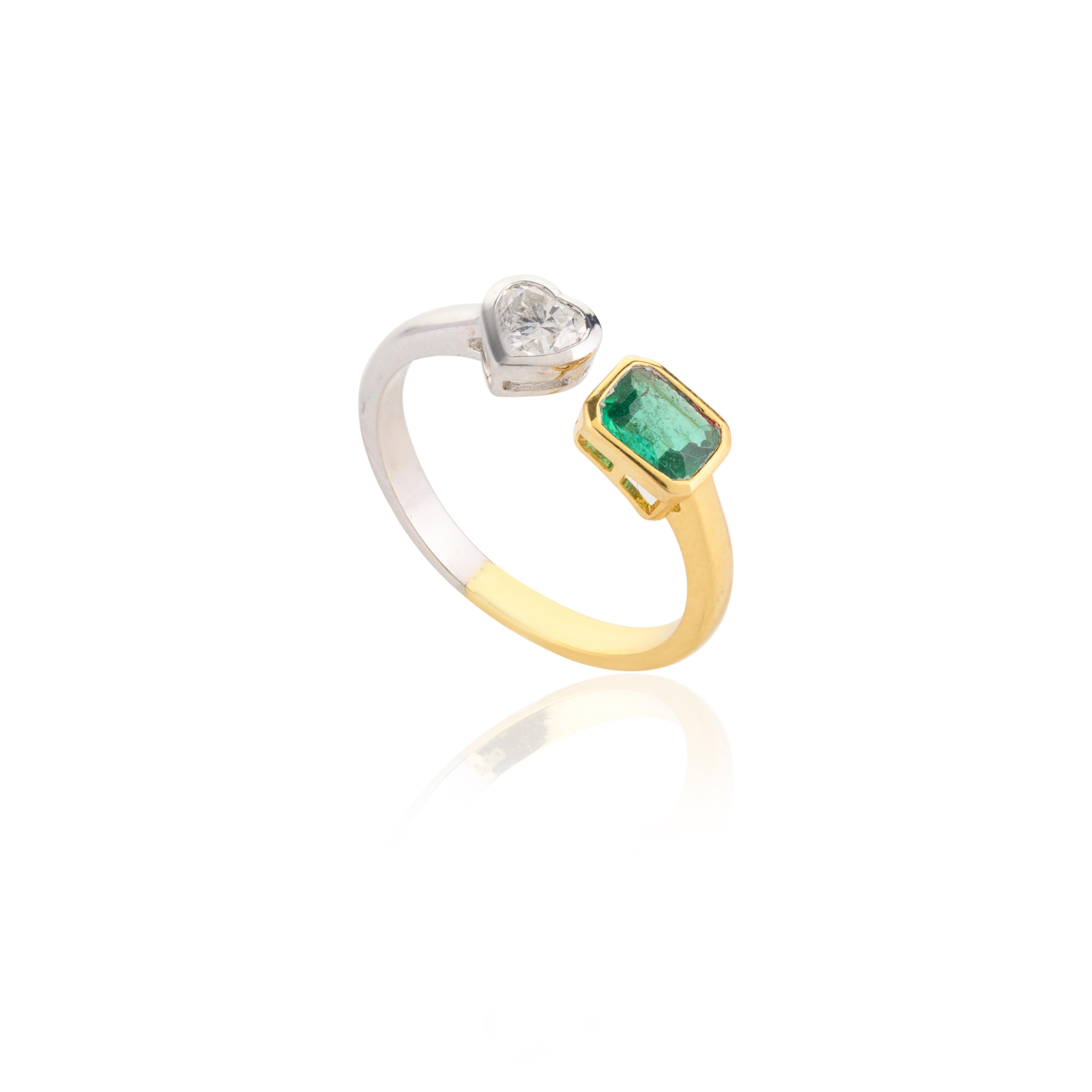 For Sale:  Diamond Heart and Emerald Toi et Moi Ring in 18k Solid Two Toned Solid Gold 9