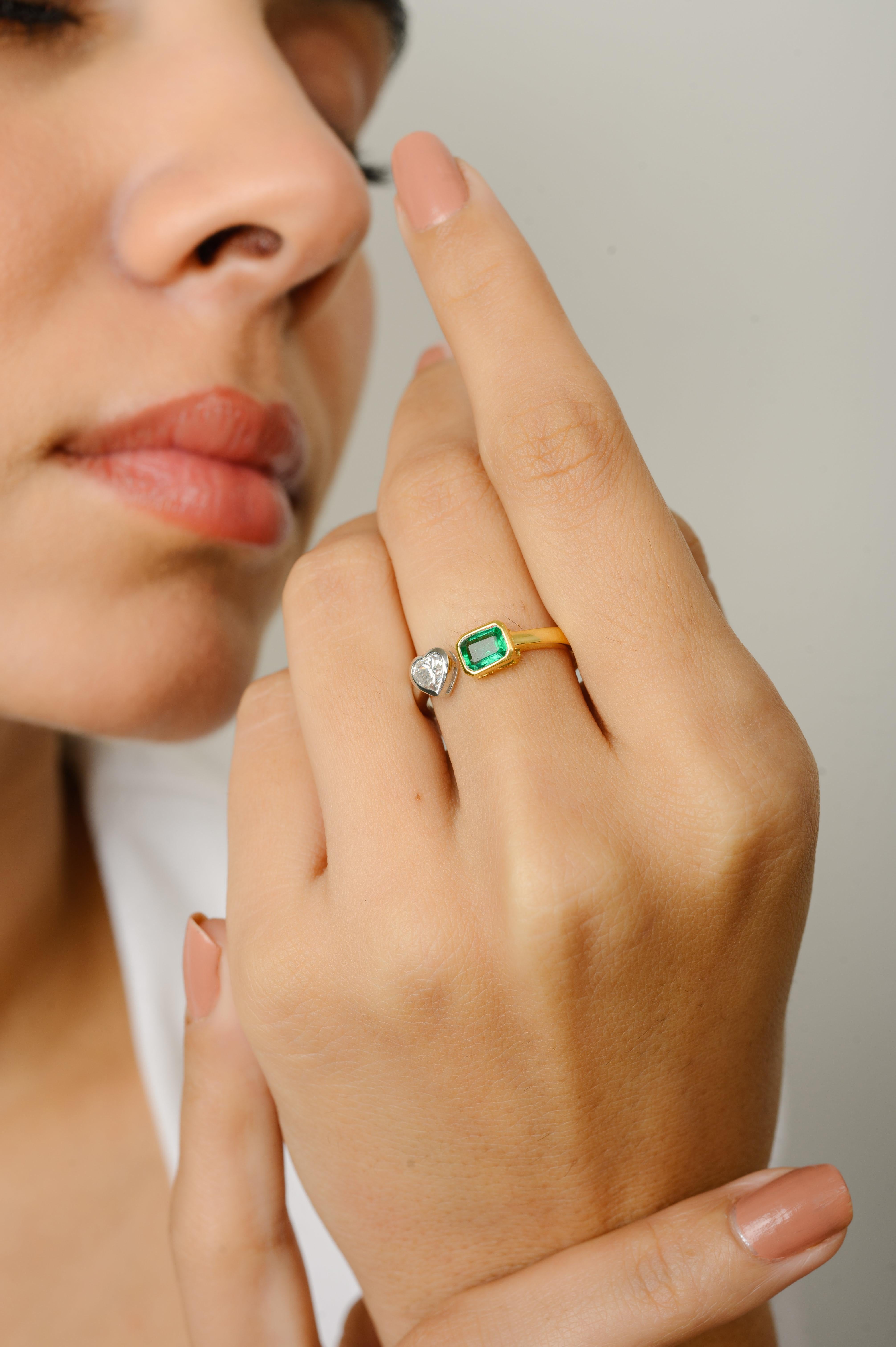 For Sale:  Diamond Heart and Emerald Toi et Moi Ring in 18k Solid Two Toned Solid Gold 6