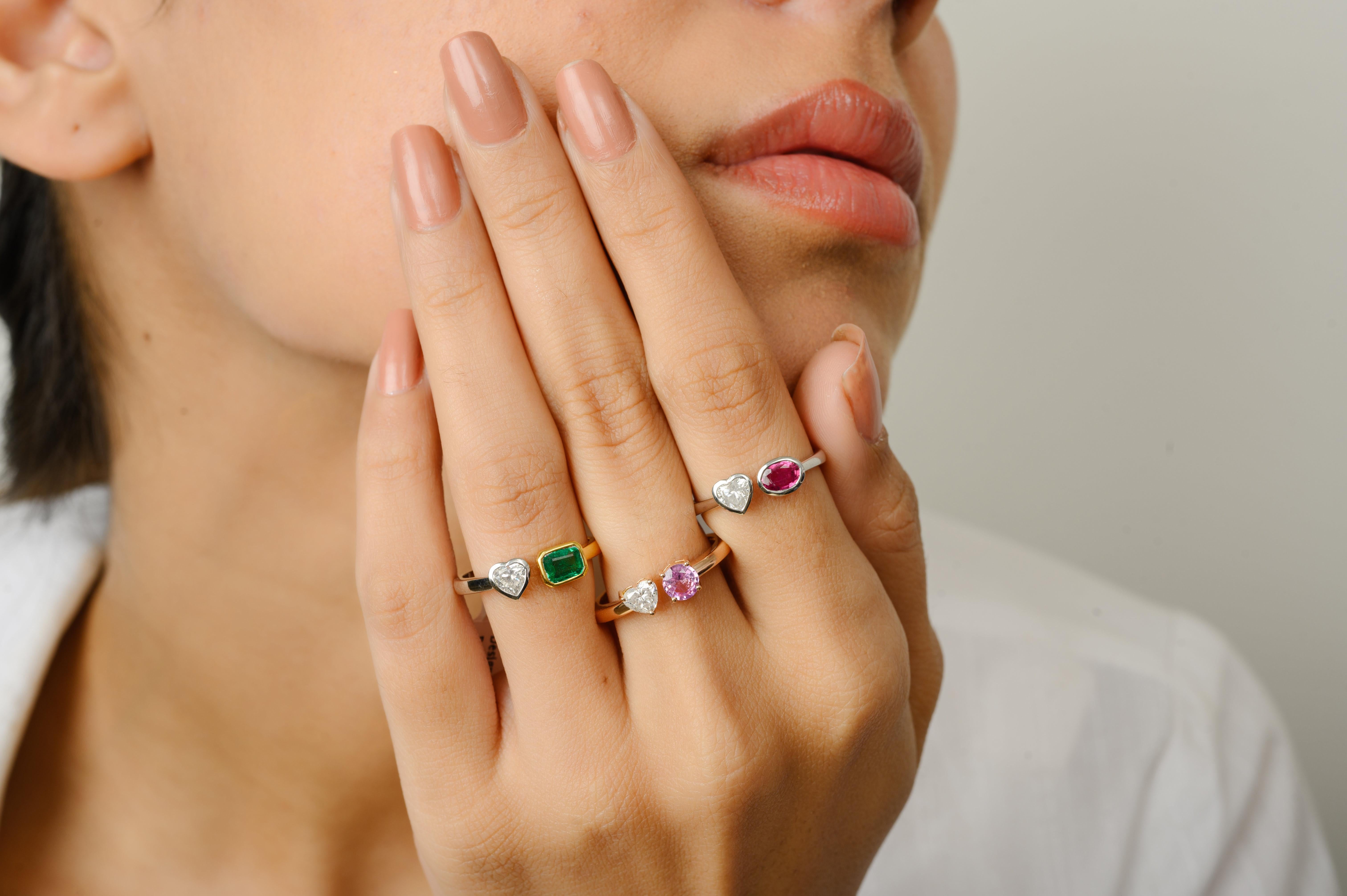 For Sale:  Diamond Heart and Emerald Toi et Moi Ring in 18k Solid Two Toned Solid Gold 8