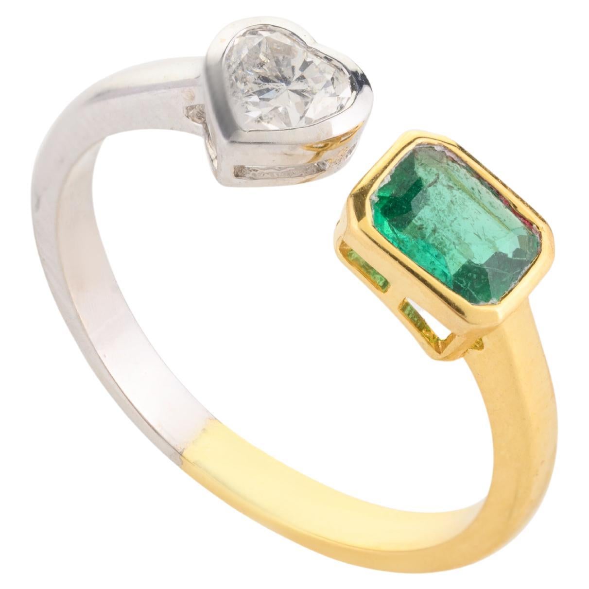 En vente :  Bague Toi et Moi en or massif bicolore 18k, diamant en cœur et émeraude