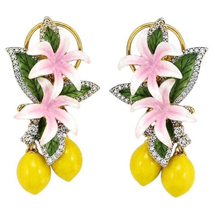 Nature-Inspired 18k Gold Diamond Enamel Drop Earrings, India For Sale