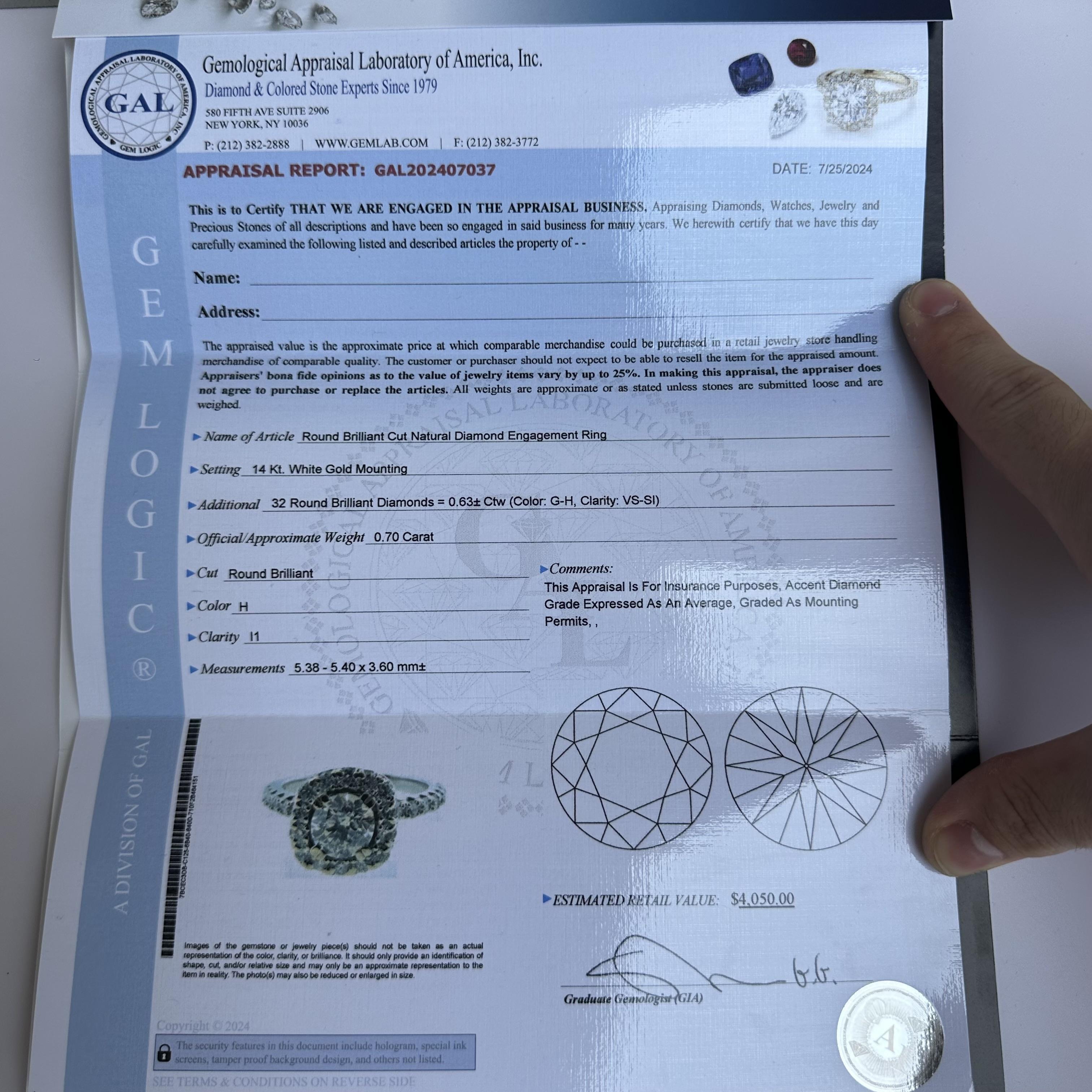 De las mujeres Anillo de compromiso de diamantes naturales en oro blanco de 14 quilates - Centro de 0,70 ct, Tasado en venta