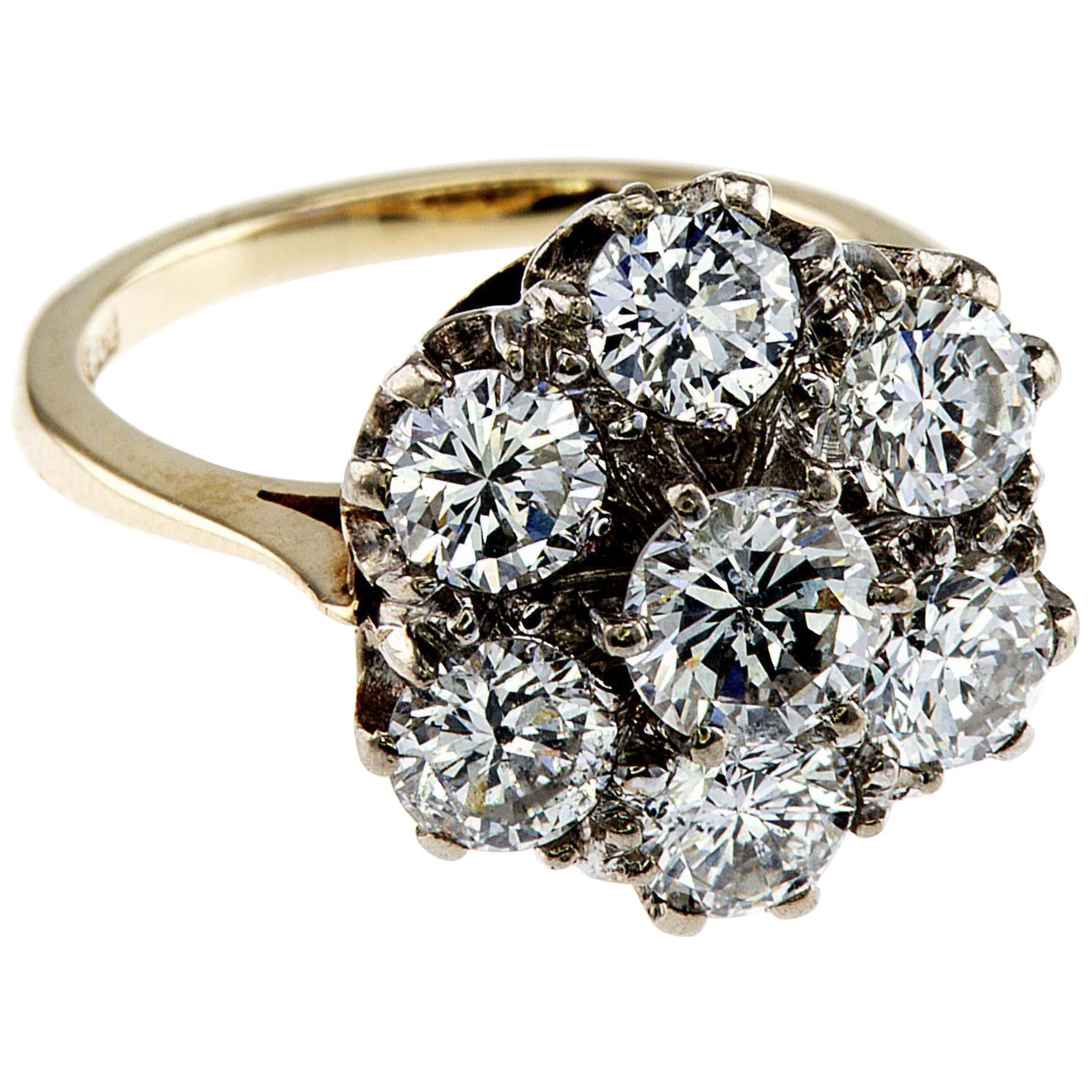 Natural Diamond European Old Cut Cluster Ring For Sale