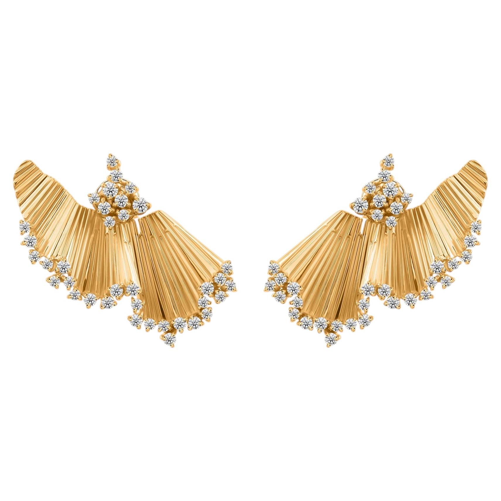 Natural Diamond Fan Jacket Earrings in 14K Yellow Gold Sculptural Design