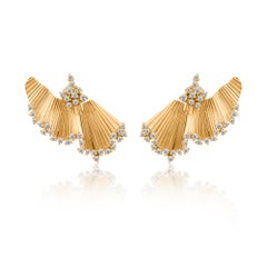 Natural Diamond Fan Jacket Earrings in 18K Yellow Gold Sculptural Design