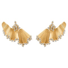 Natural Diamond Fan Jacket Earrings in 18K Yellow Gold Sculptural Design