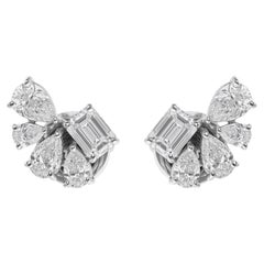 Natural Diamond Floral Cluster Stud Earrings, 1.05 Carats, Emerald Cut and Pear