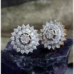 Natural Diamond Floral Design Stud Earrings 14K Solid Gold