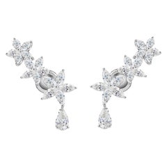 Natural Diamond Floral Ear Climber Drop Earrings 2.97 Carats in 18K White Gold