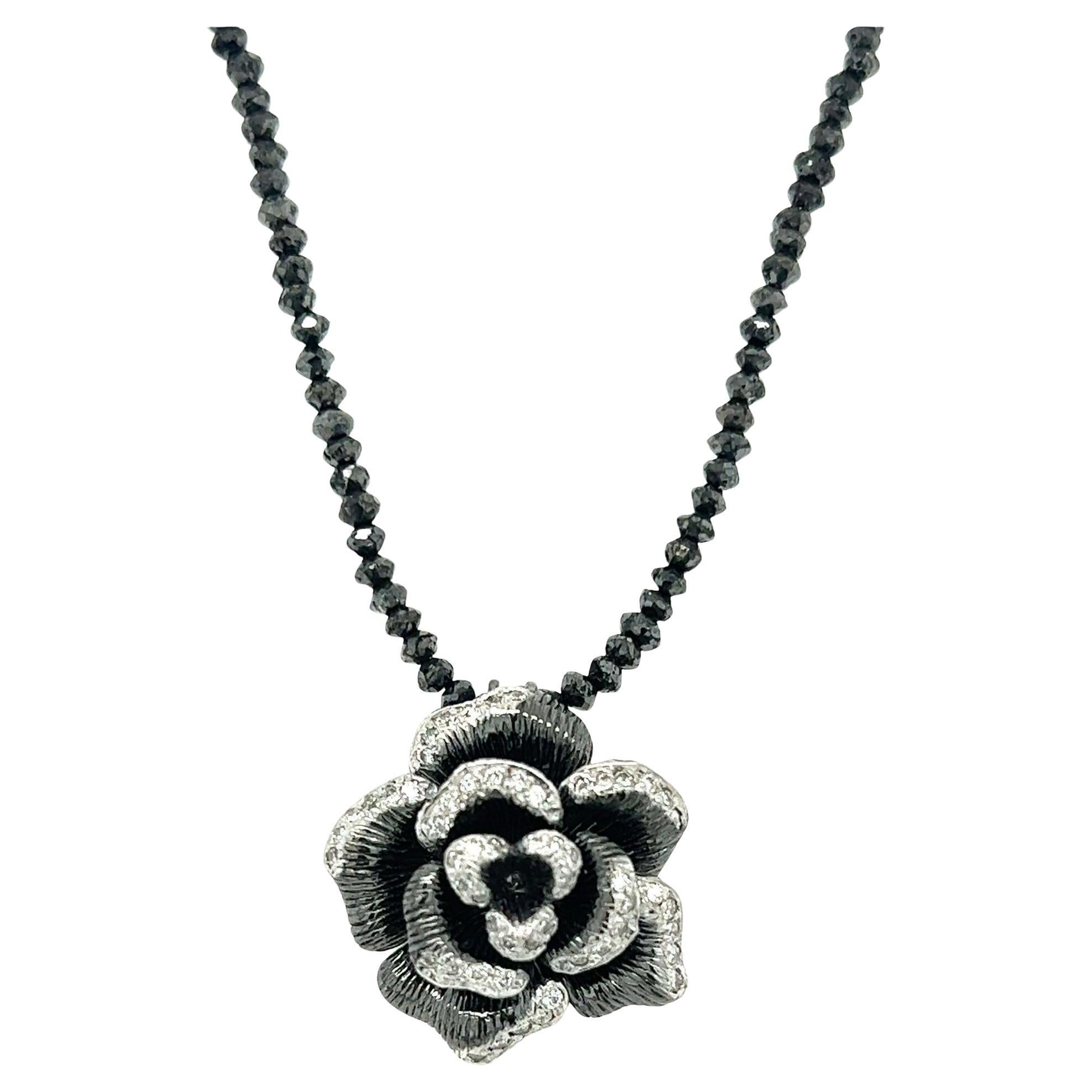 Natural Diamond Flower Necklace Black Diamond Briolette Cut White Gold Necklace