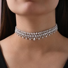 Natural Diamond Fringe Choker Necklace, 22.53 Ct, 18K White Gold, Wedding Gift