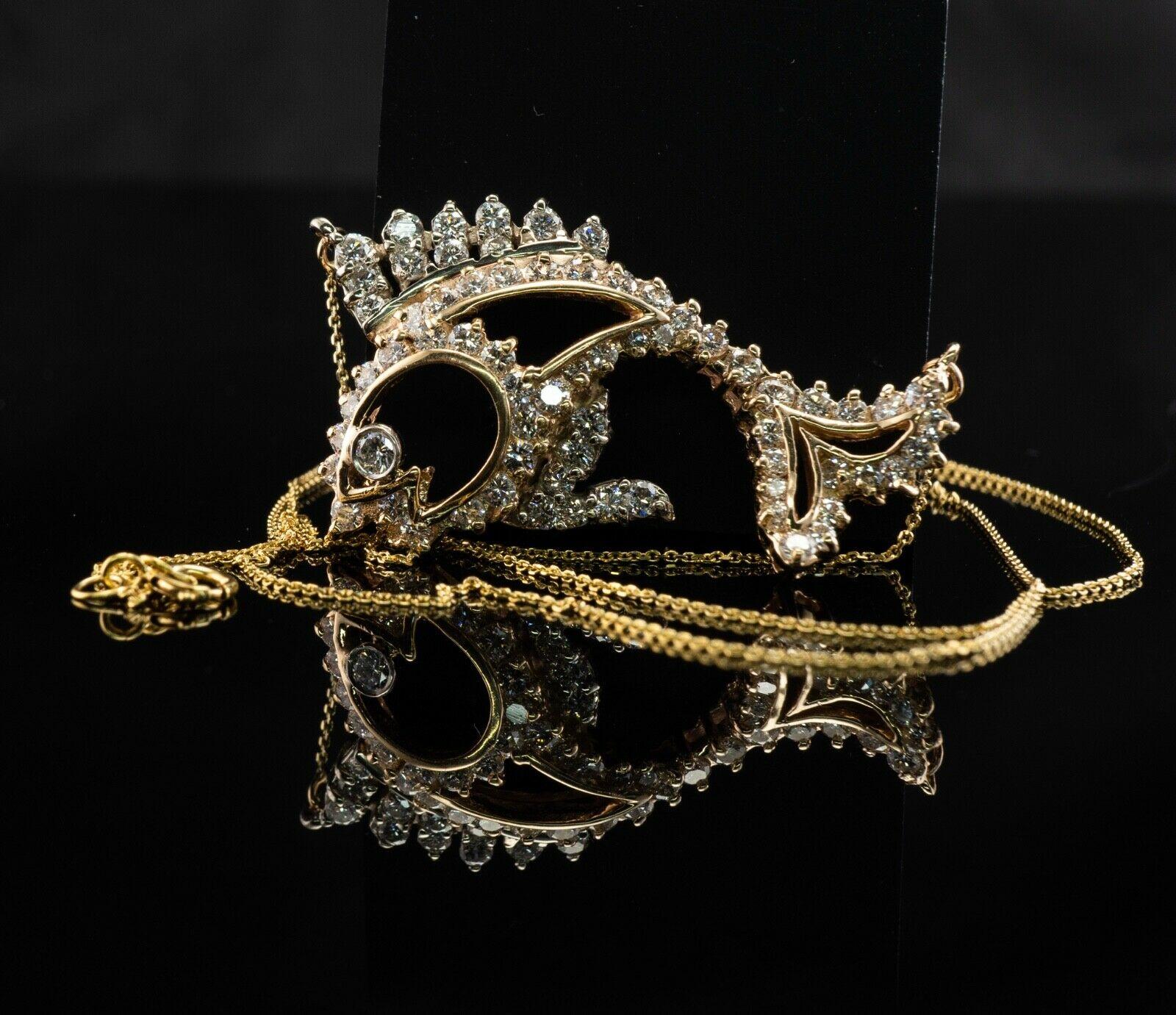 Round Cut Natural Diamond Golden Fish Necklace Pendant 14K Gold 2.44 TDW For Sale
