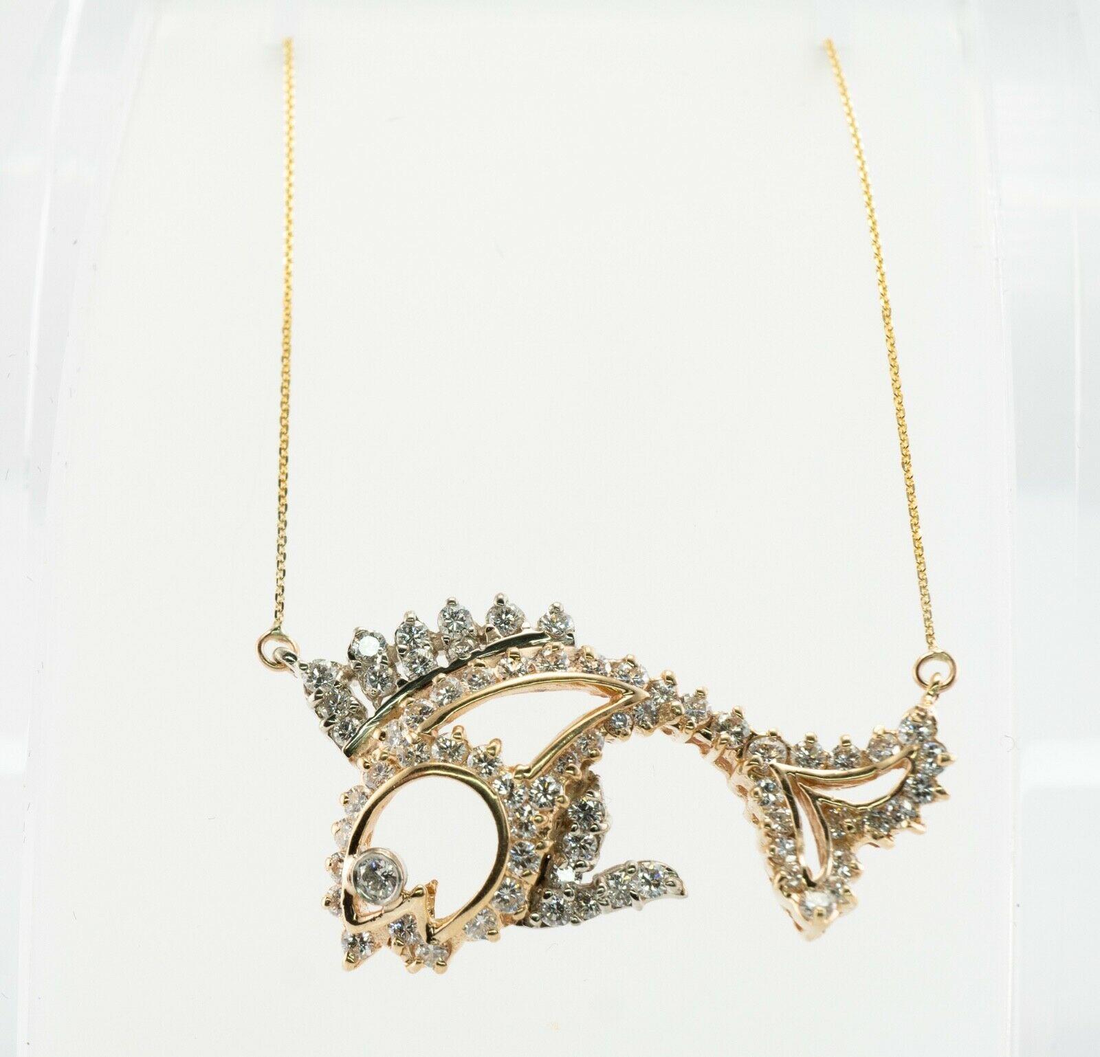 Women's Natural Diamond Golden Fish Necklace Pendant 14K Gold 2.44 TDW For Sale