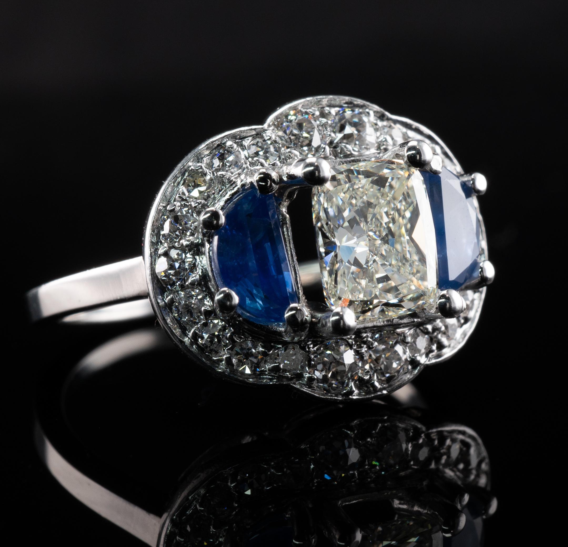 Natural Diamond Half Moon Ceylon Sapphire Ring 14K White Gold Engagement Vintage For Sale 3