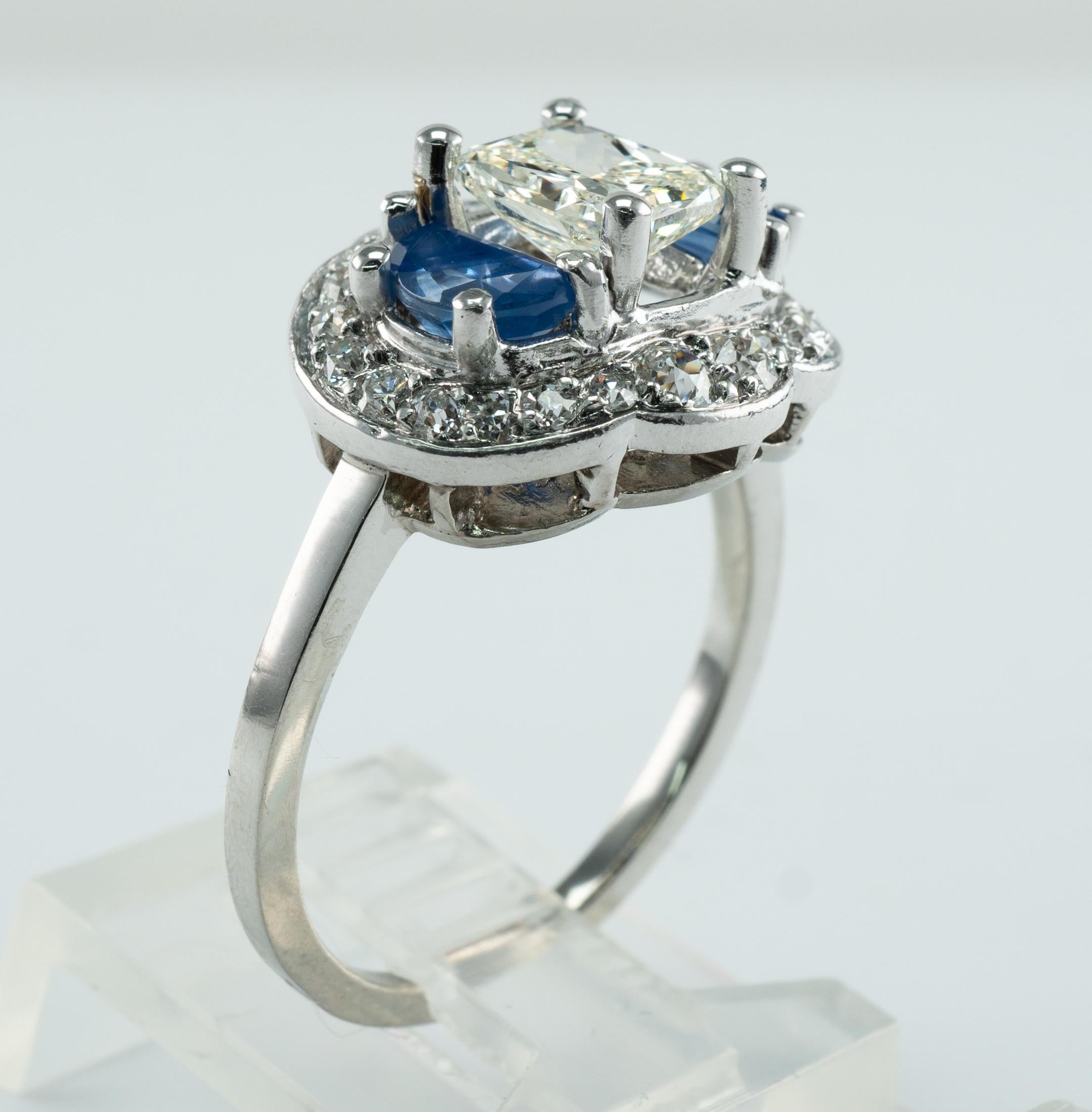 Natural Diamond Half Moon Ceylon Sapphire Ring 14K White Gold Engagement Vintage For Sale 4