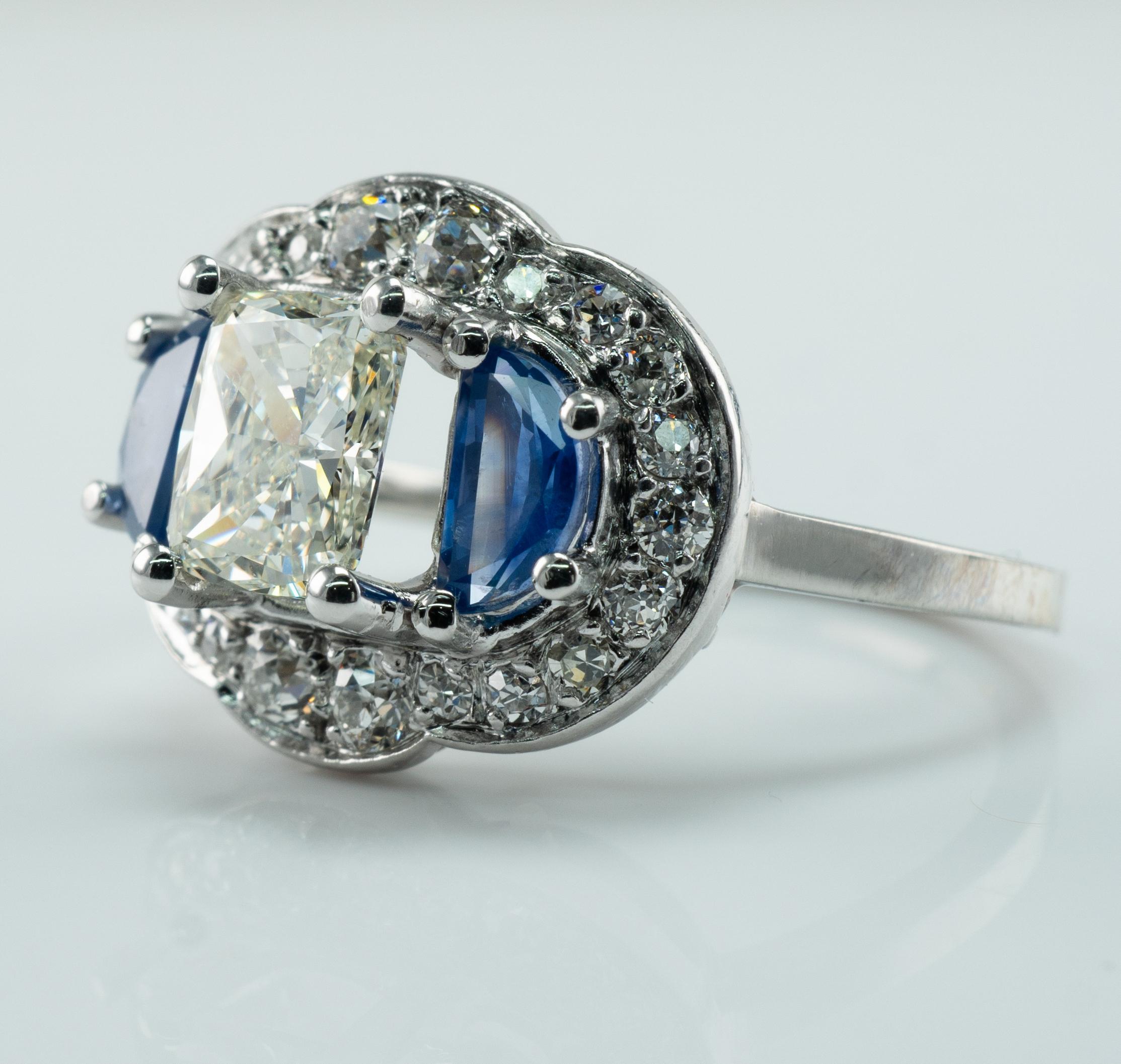 Natural Diamond Half Moon Ceylon Sapphire Ring 14K White Gold Engagement Vintage For Sale 5