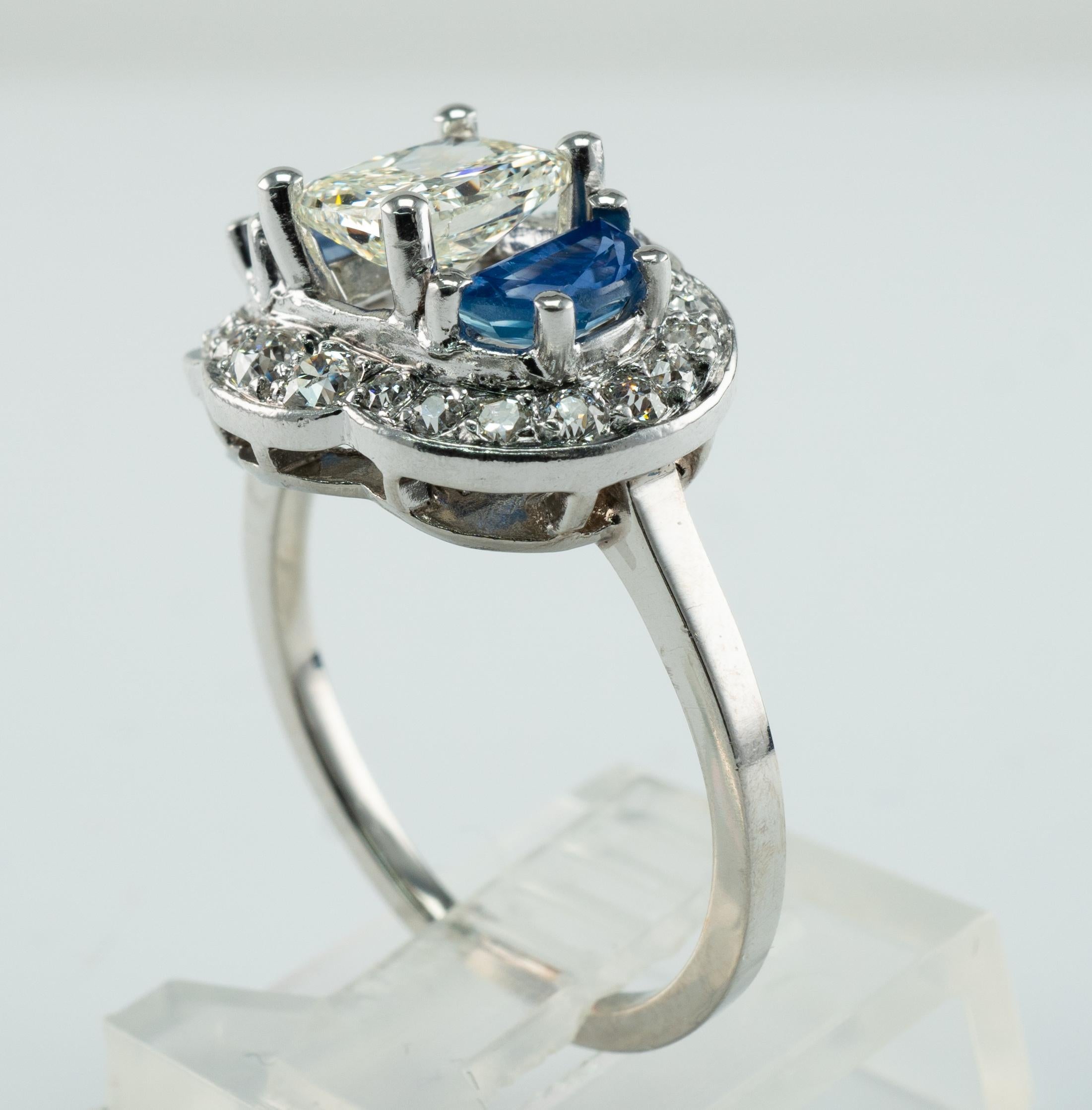 Natural Diamond Half Moon Ceylon Sapphire Ring 14K White Gold Engagement Vintage For Sale 6