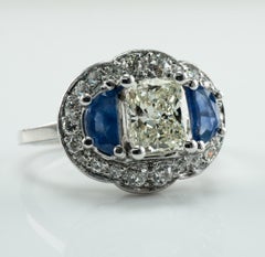 Natural Diamond Half Moon Ceylon Sapphire Ring 14K White Gold Engagement Vintage