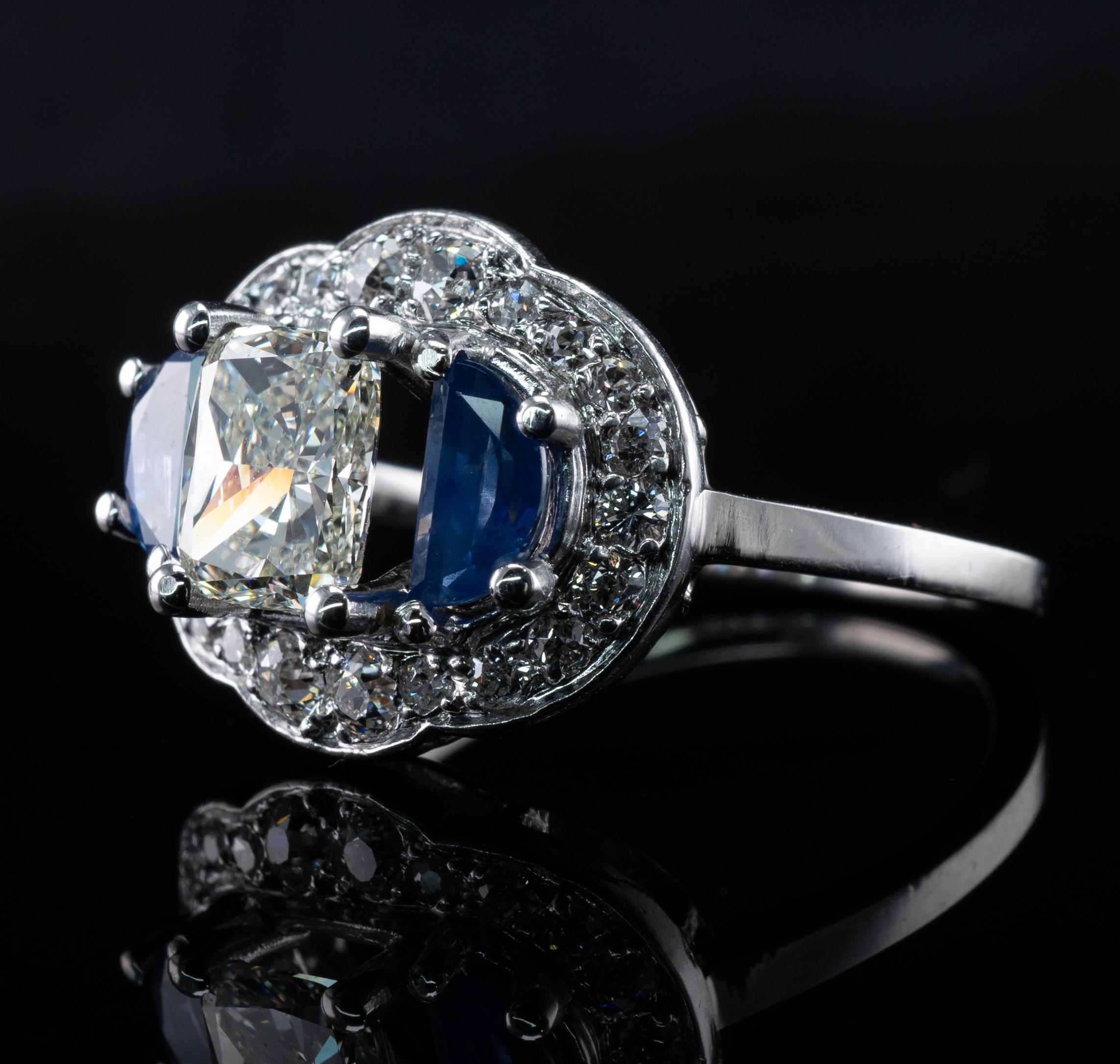 Radiant Cut Natural Diamond Half Moon Ceylon Sapphire Ring 14K White Gold Engagement Vintage For Sale