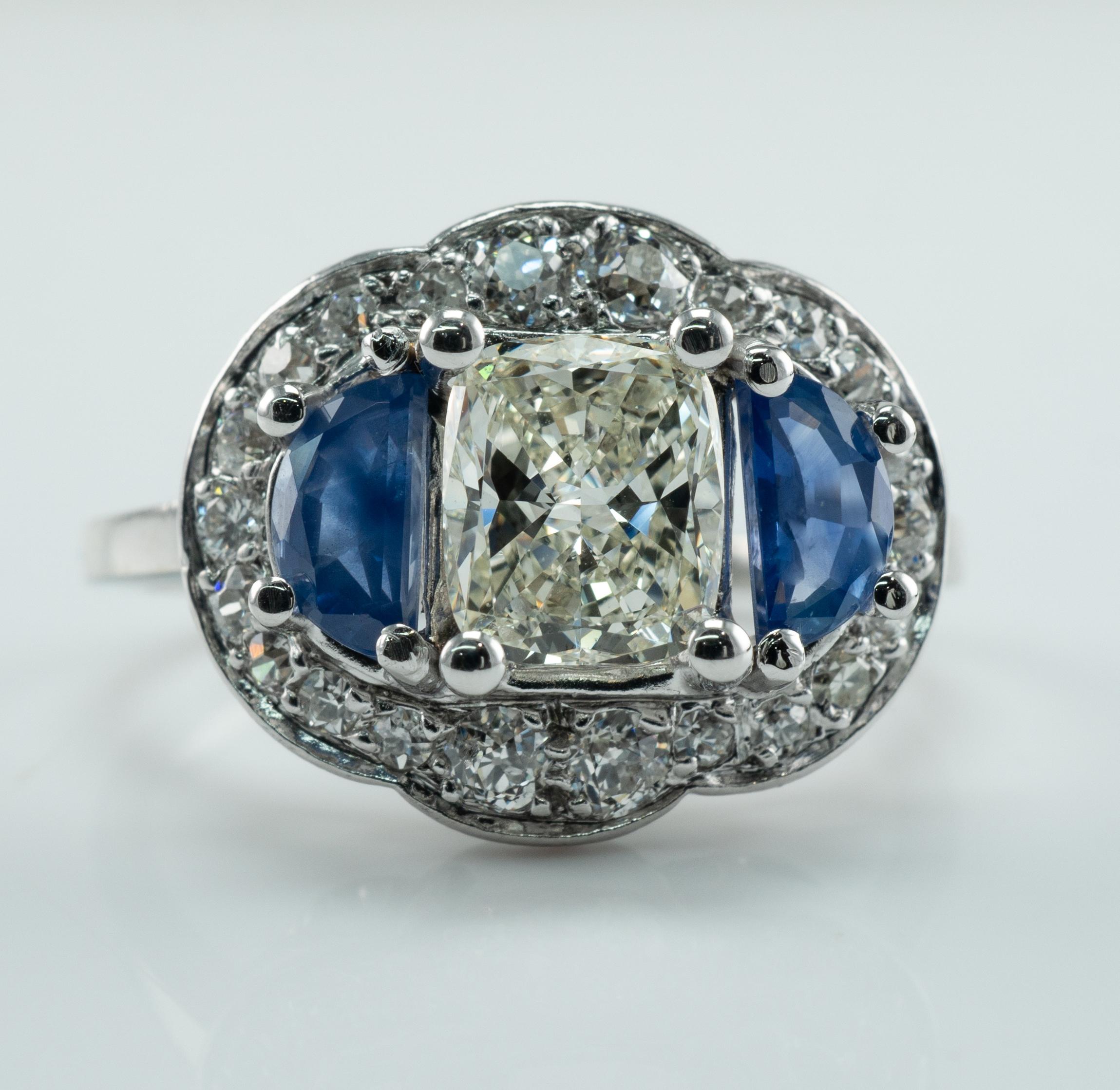 Natural Diamond Half Moon Ceylon Sapphire Ring 14K White Gold Engagement Vintage In Good Condition For Sale In East Brunswick, NJ